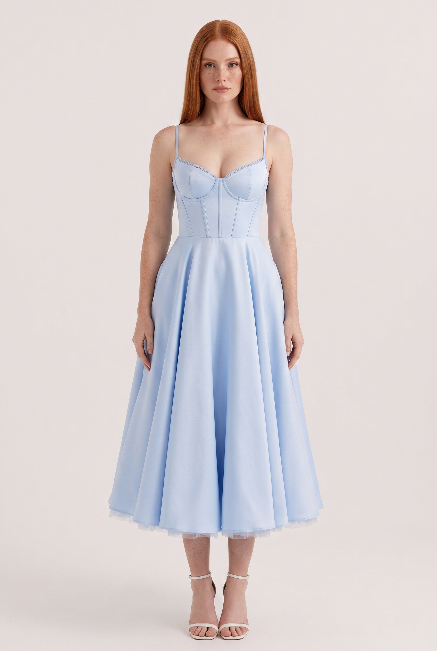 Baby Blue Satin Corset Midi Dress with Tulle Hem - Front View
