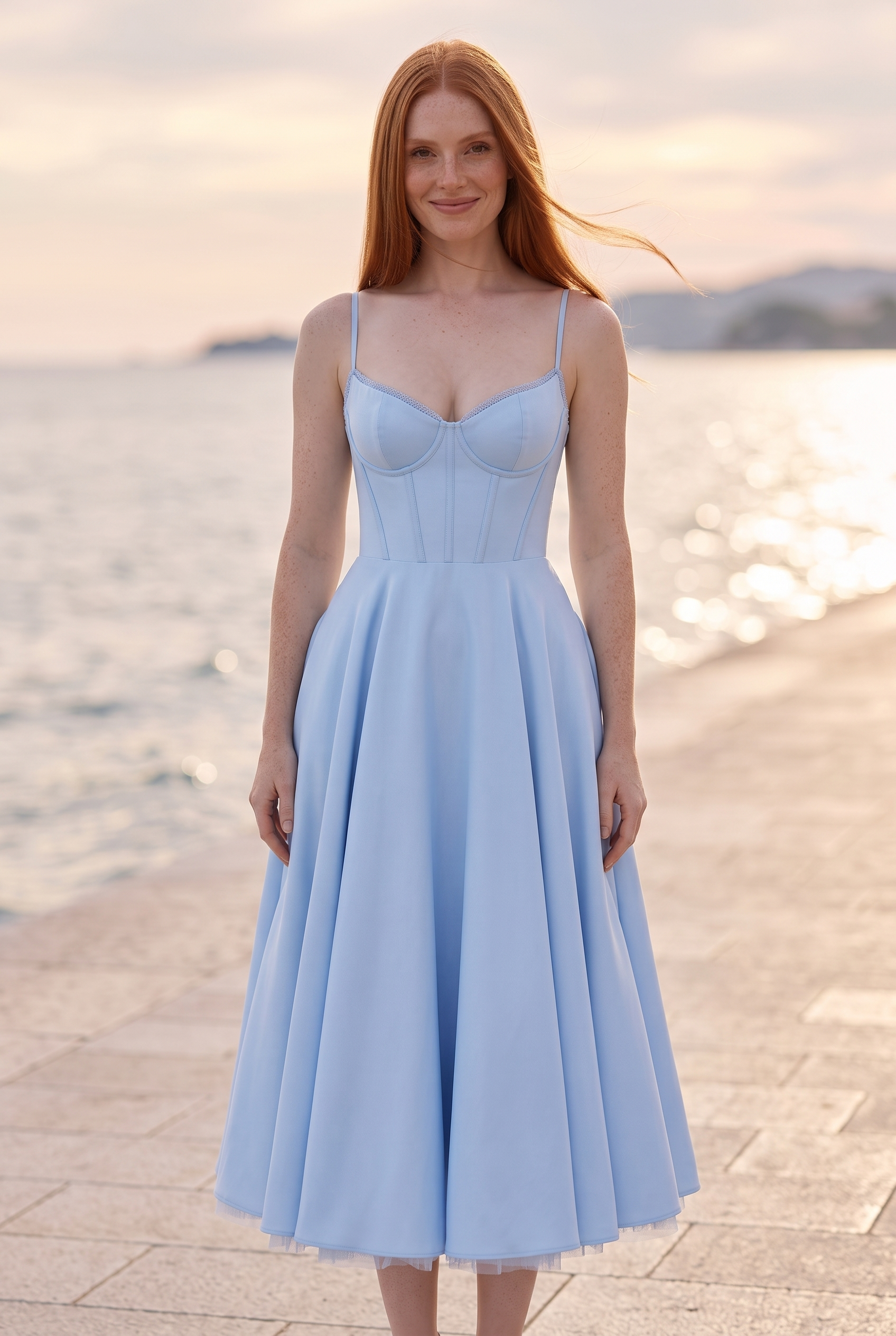 Baby Blue Satin Corset Midi Dress with Tulle Hem - Seaside Lifestyle