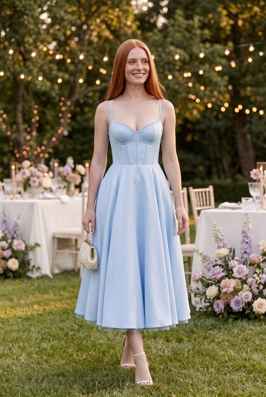 Baby Blue Satin Corset Midi Dress with Tulle Hem - Lifestyle