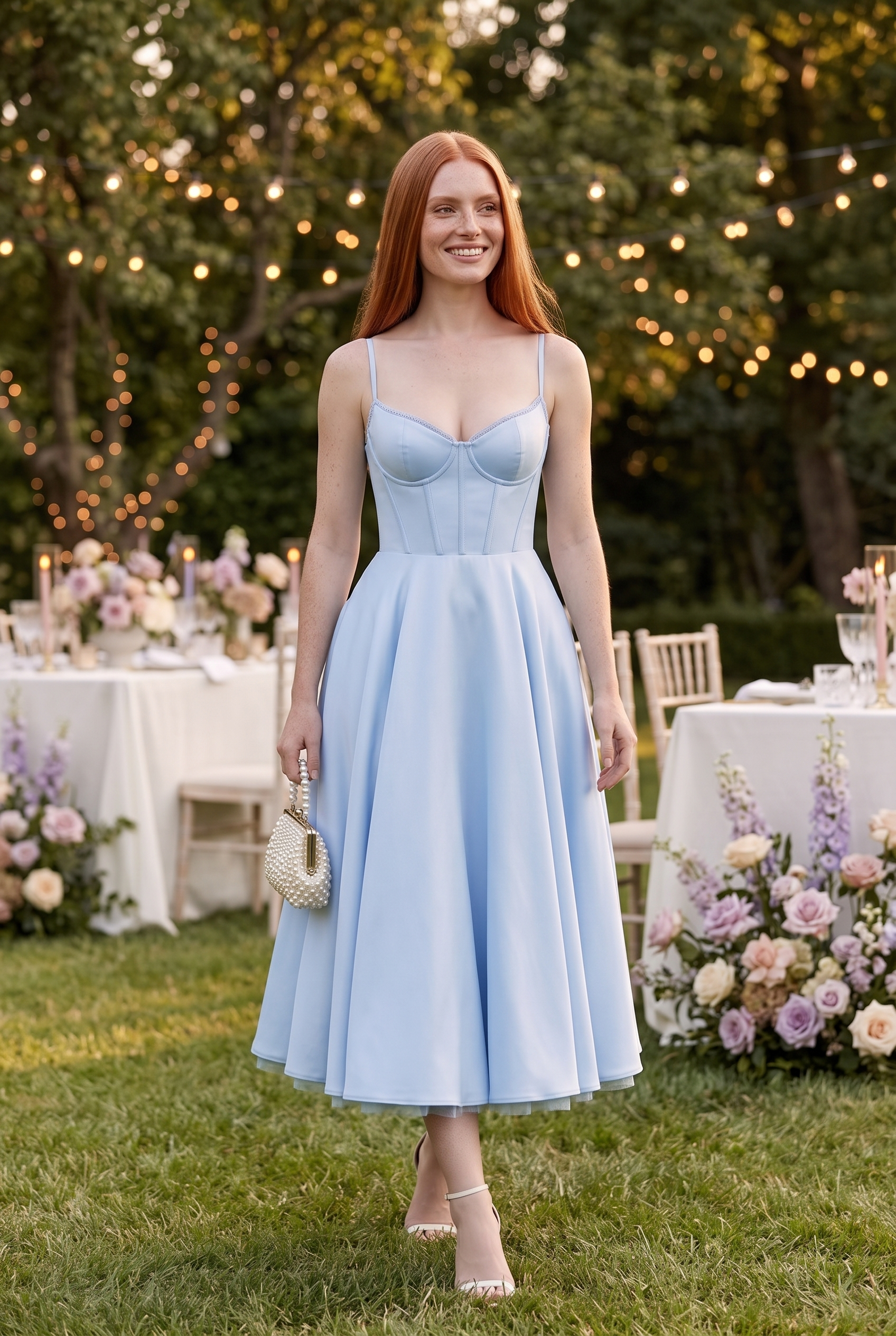 Baby Blue Satin Corset Midi Dress with Tulle Hem - Lifestyle