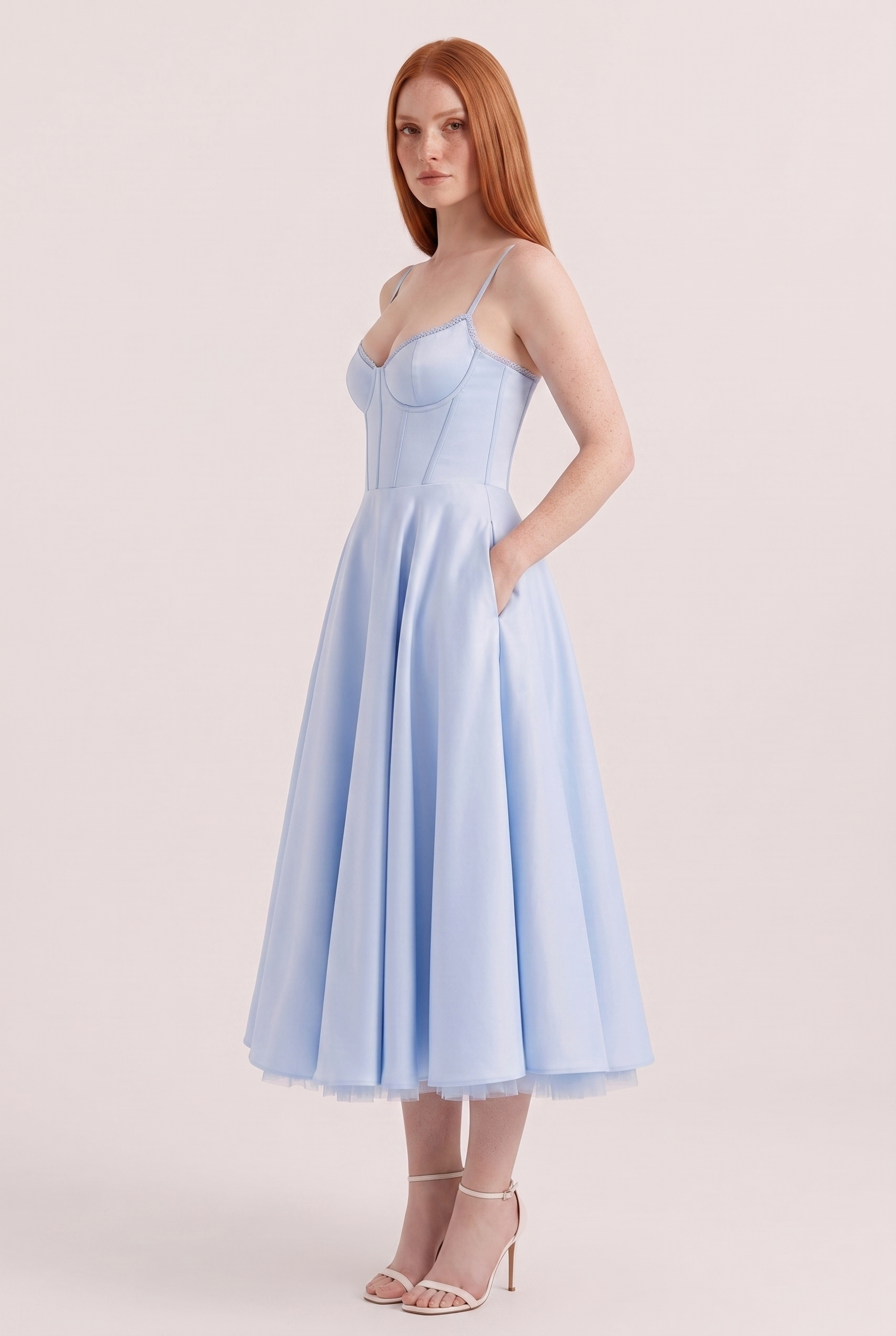 Baby Blue Satin Corset Midi Dress with Tulle Hem - Side View with Pockets