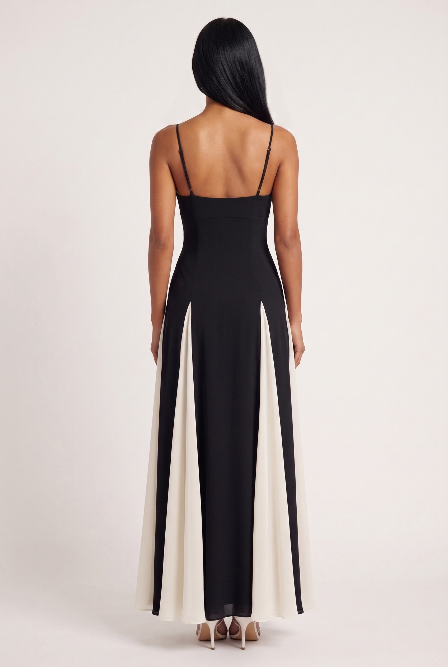 Black and White Paneled A-Line Maxi Dress - Back View
