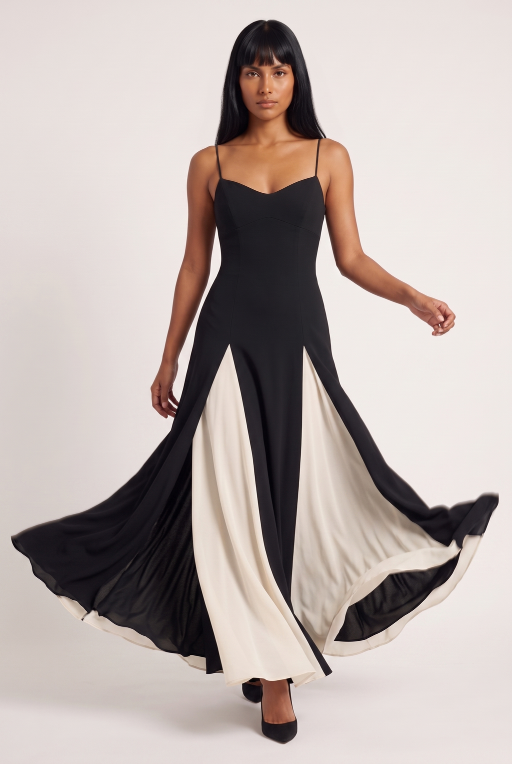 Black and White Paneled A-Line Maxi Dress - Front View
