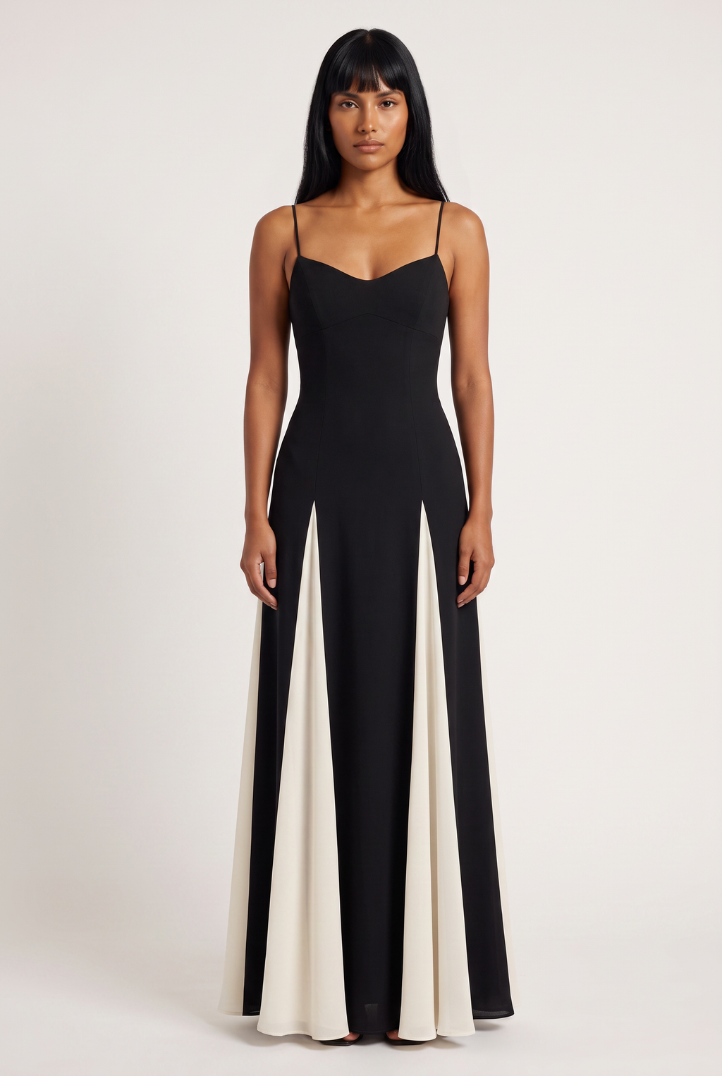 Black and White Paneled A-Line Maxi Dress - Front View