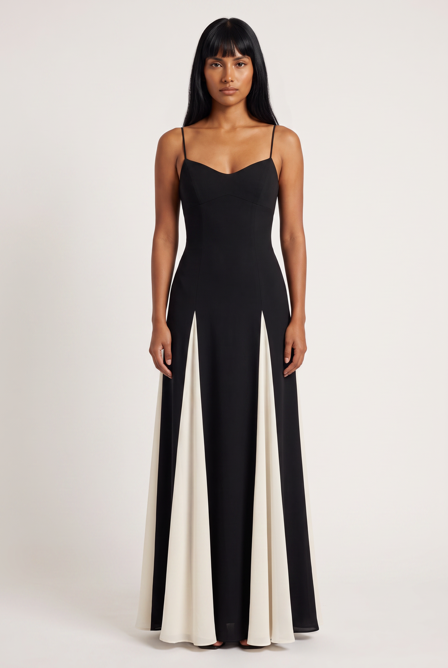 Black and White Paneled A-Line Maxi Dress - Front View