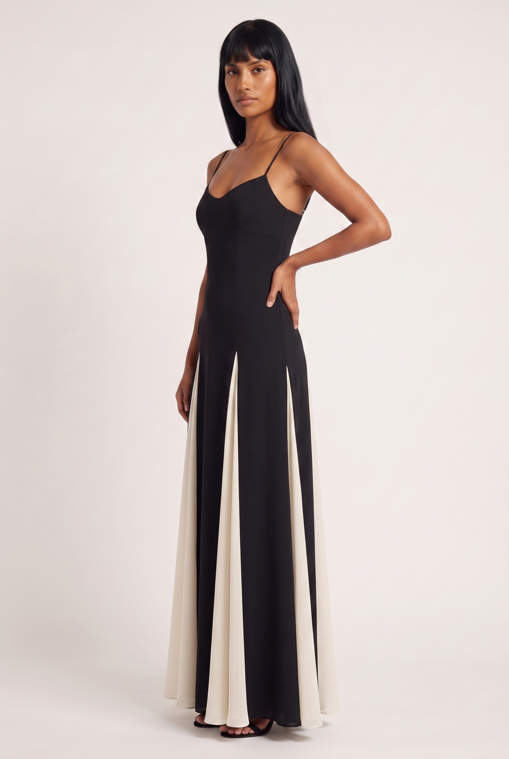 Black and White Paneled A-Line Maxi Dress - Side View