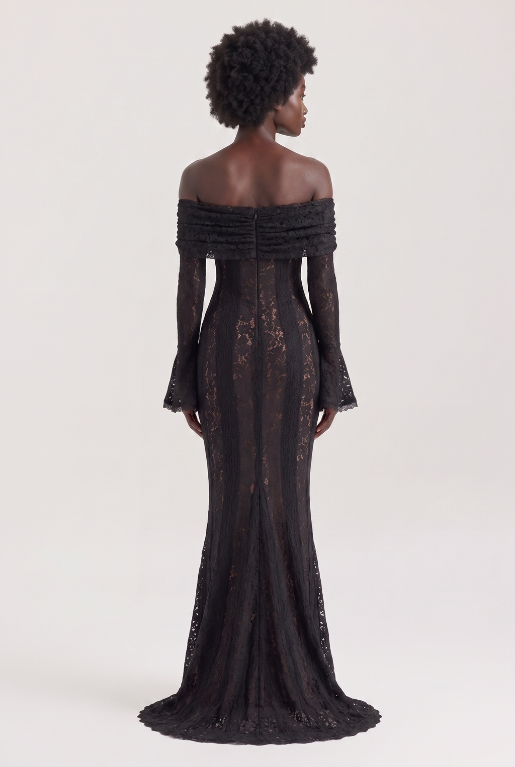 Black Floral Lace Off-Shoulder Maxi Dress with Godet Skirt - Back View