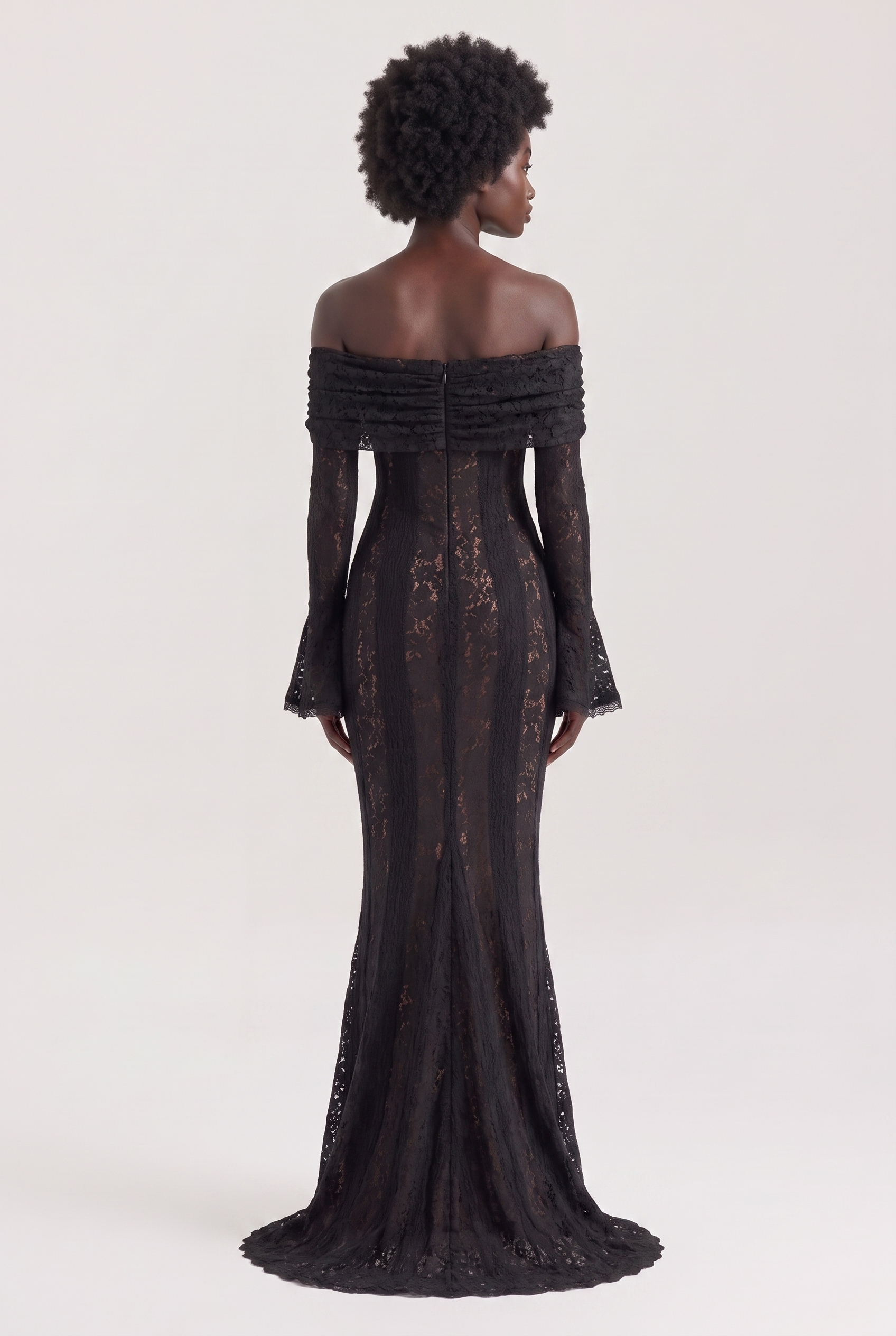 Black Floral Lace Off-Shoulder Maxi Dress with Godet Skirt - Back View