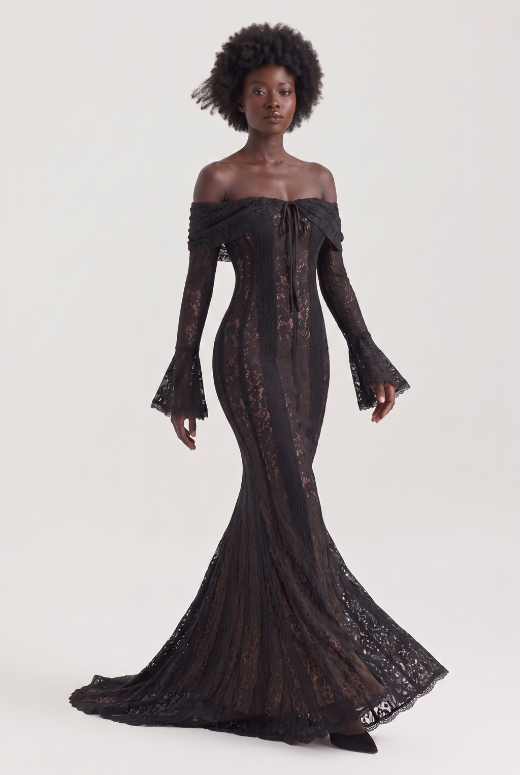 Black Floral Lace Off-Shoulder Maxi Dress with Godet Skirt - Front View in Motion
