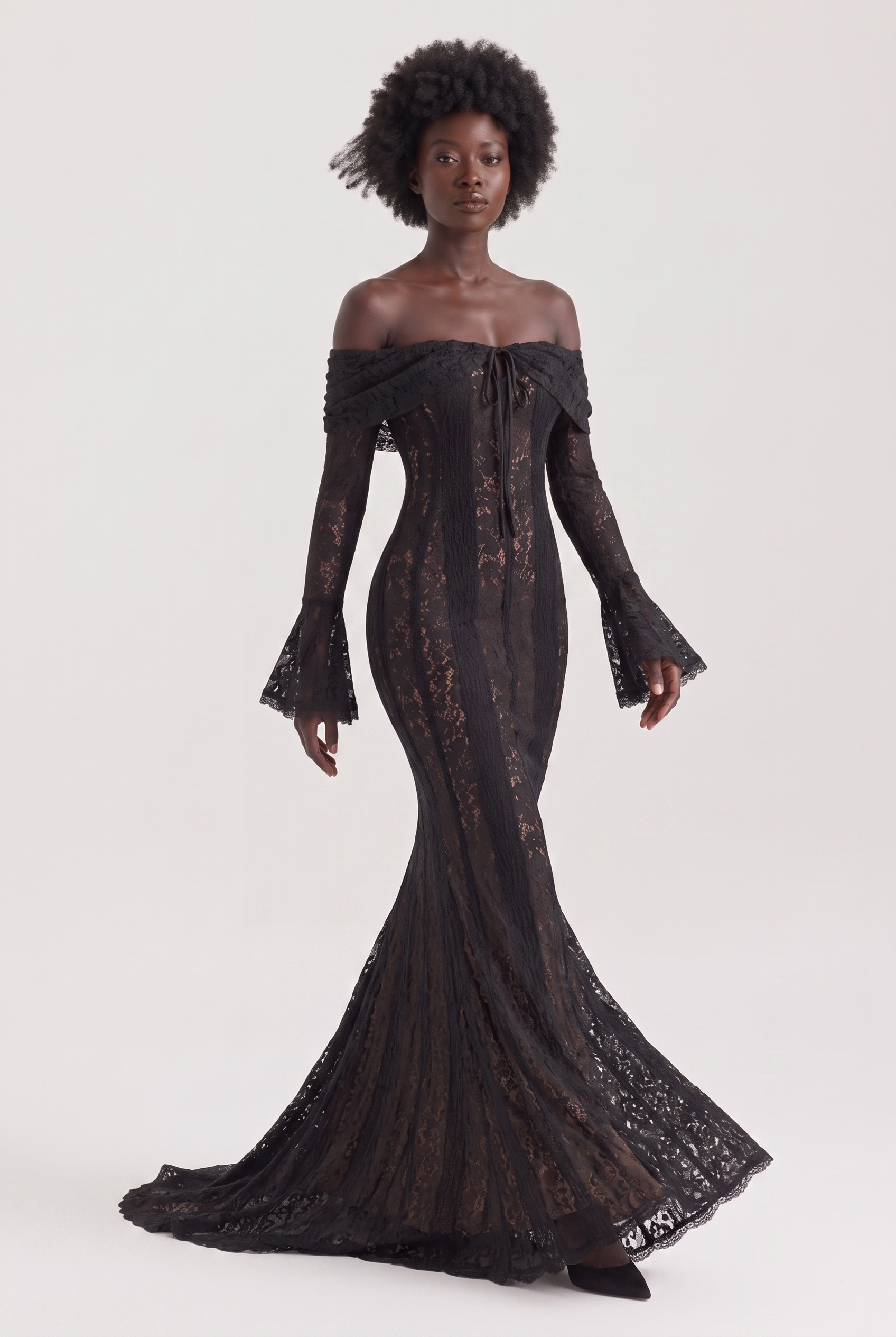 Black Floral Lace Off-Shoulder Maxi Dress with Godet Skirt - Front View in Motion