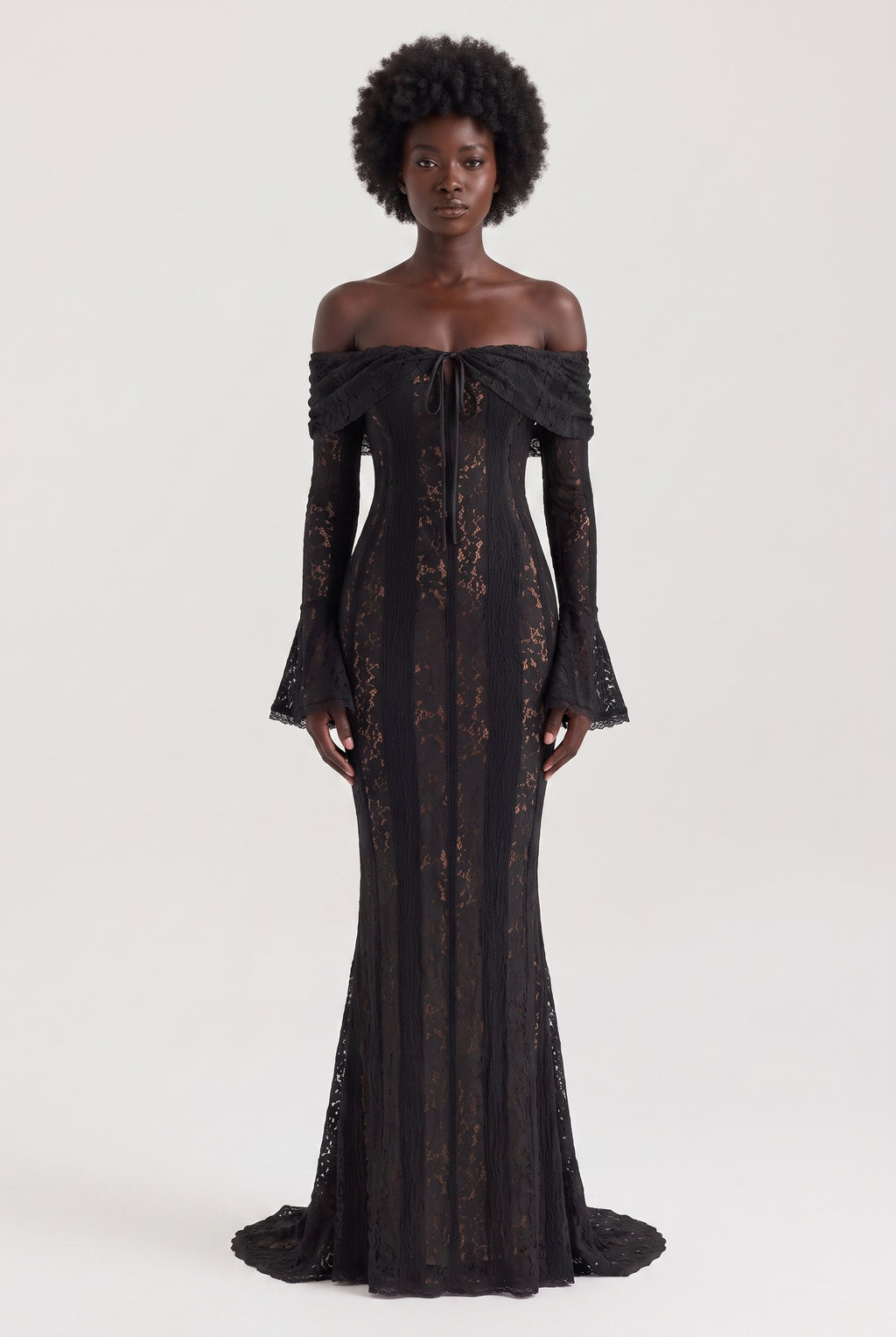 Black Floral Lace Off-Shoulder Maxi Dress with Godet Skirt - Front View