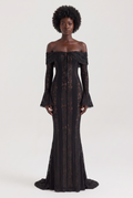 Black Floral Lace Off-Shoulder Maxi Dress with Godet Skirt - Front View