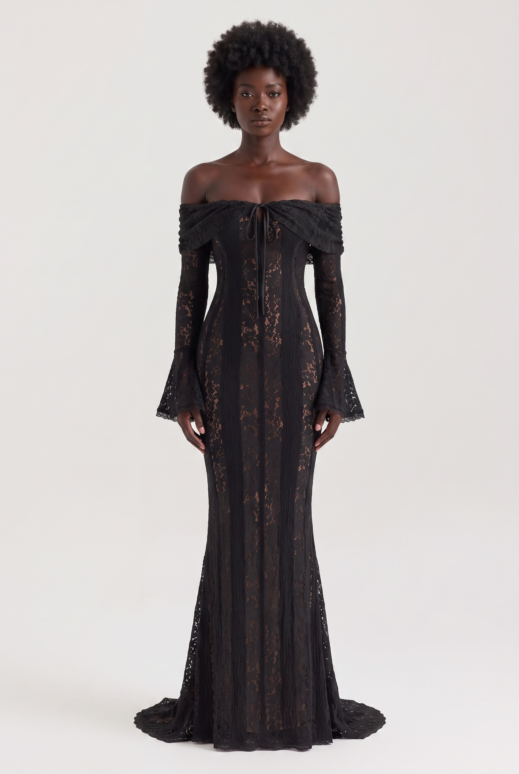 Black Floral Lace Off-Shoulder Maxi Dress with Godet Skirt - Front View