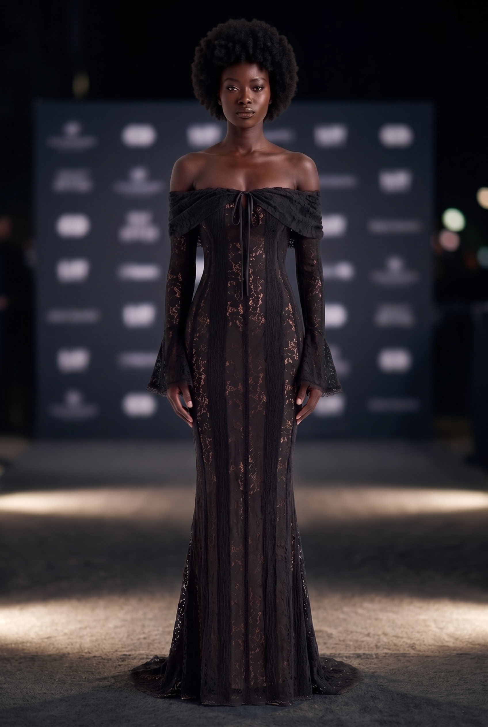 Black Floral Lace Off-Shoulder Maxi Dress with Godet Skirt - Lifestyle