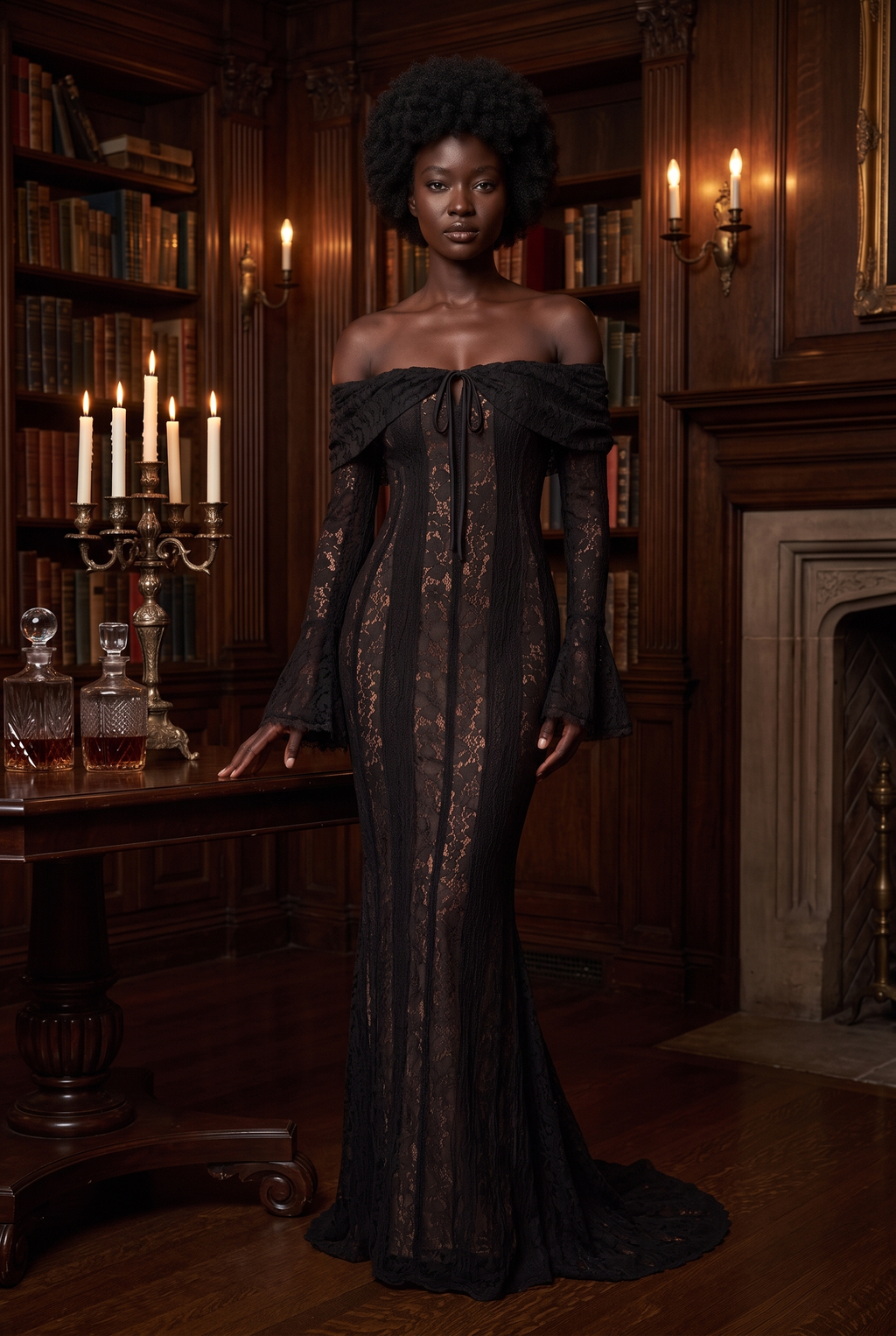 Black Floral Lace Off-Shoulder Maxi Dress with Godet Skirt - Lifestyle