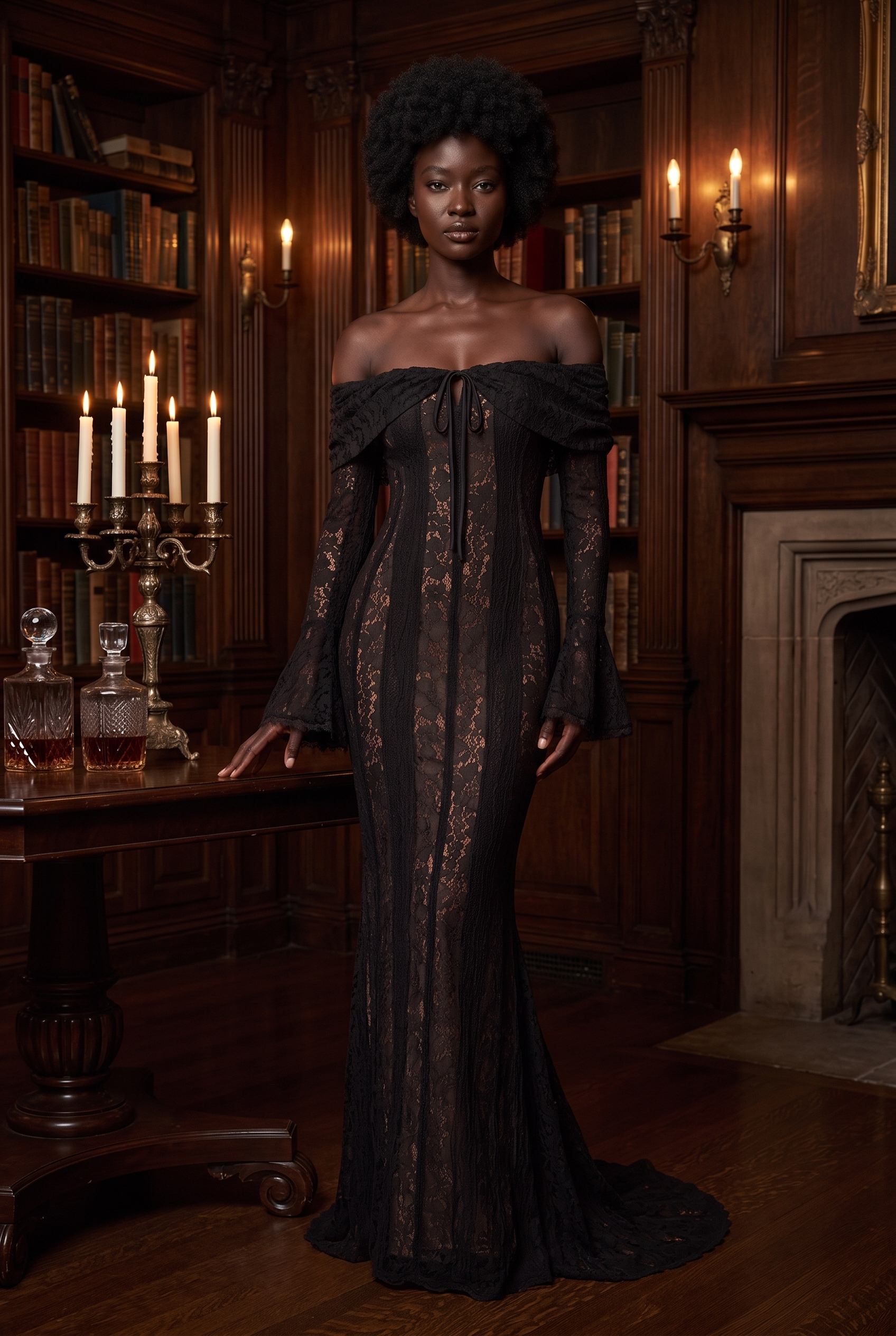 Black Floral Lace Off-Shoulder Maxi Dress with Godet Skirt - Lifestyle