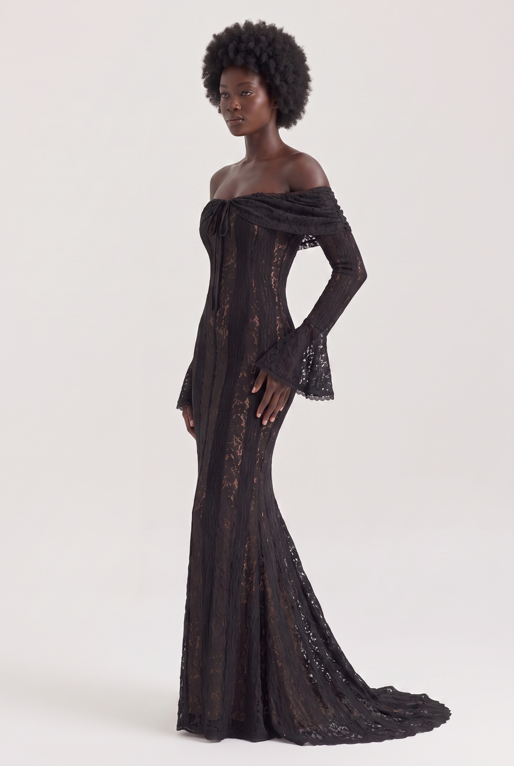 Black Floral Lace Off-Shoulder Maxi Dress with Godet Skirt - Side View