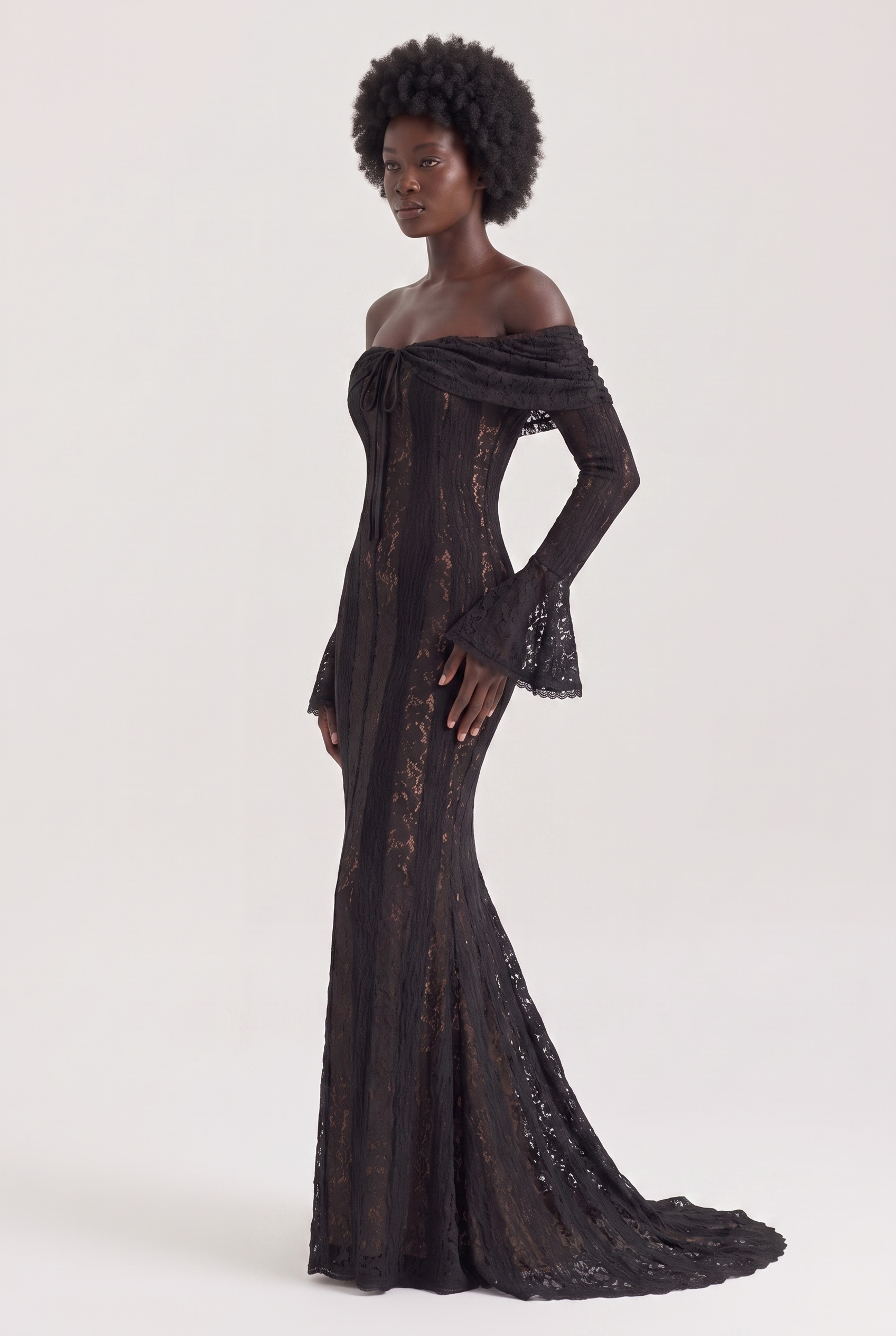 Black Floral Lace Off-Shoulder Maxi Dress with Godet Skirt - Side View