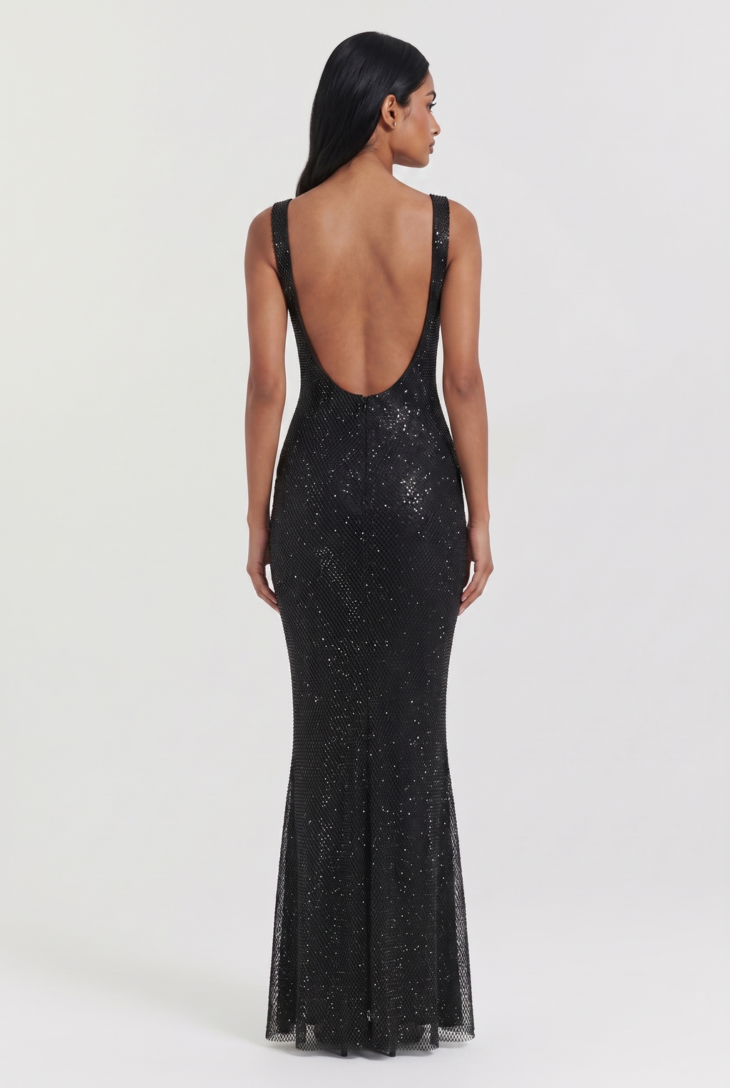 Black Rhinestone Mesh Maxi Dress with Low Back - Back View