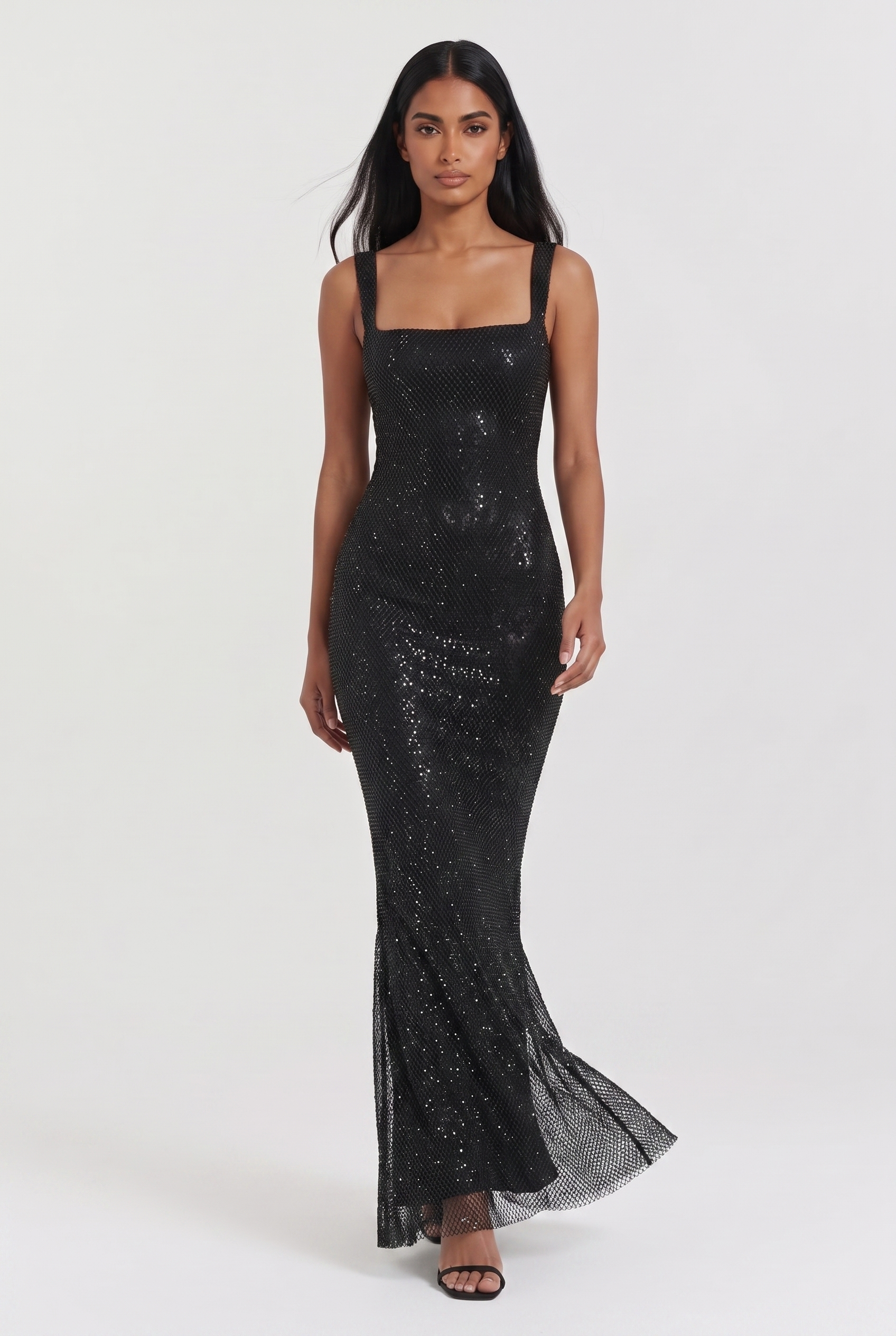 Black Rhinestone Mesh Maxi Dress with Low Back - Front View in Motion