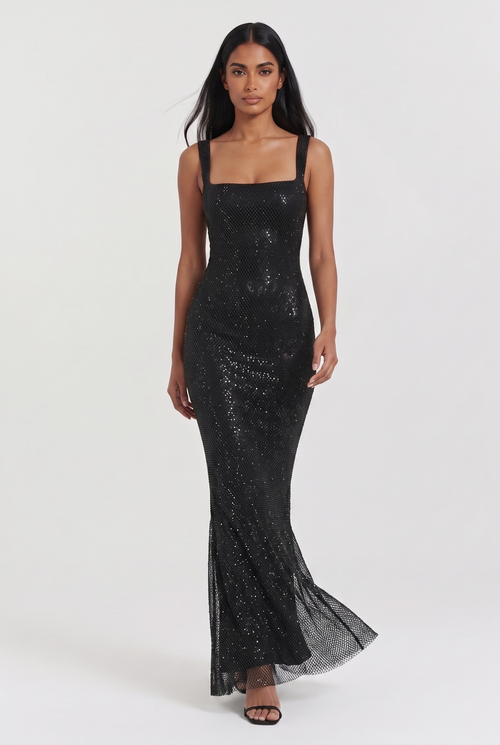 Black Rhinestone Mesh Maxi Dress with Low Back - Front View in Motion