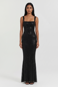 Black Rhinestone Mesh Maxi Dress with Low Back - Front View