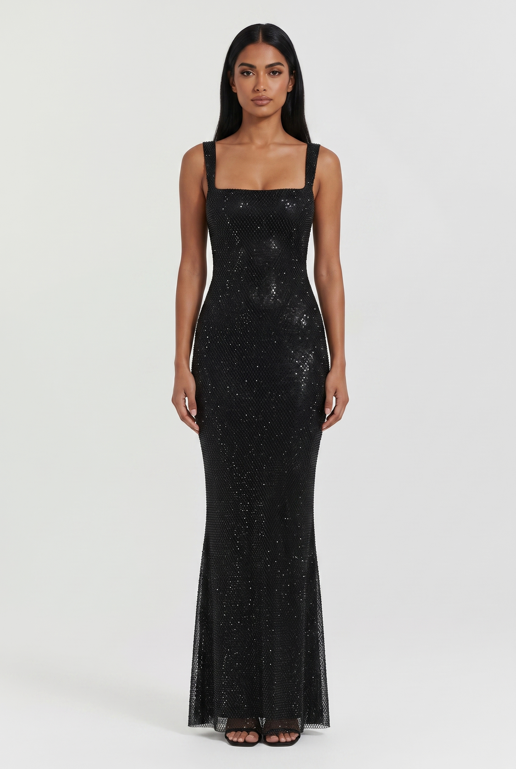 Black Rhinestone Mesh Maxi Dress with Low Back - Front View