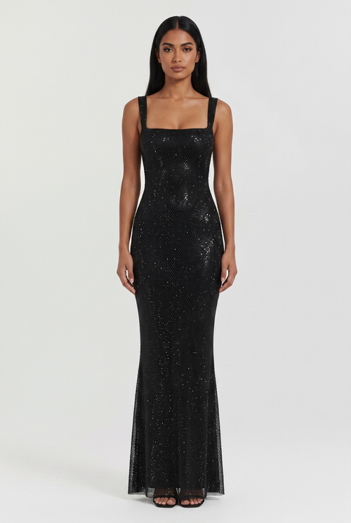Black Rhinestone Mesh Maxi Dress with Low Back - Front View