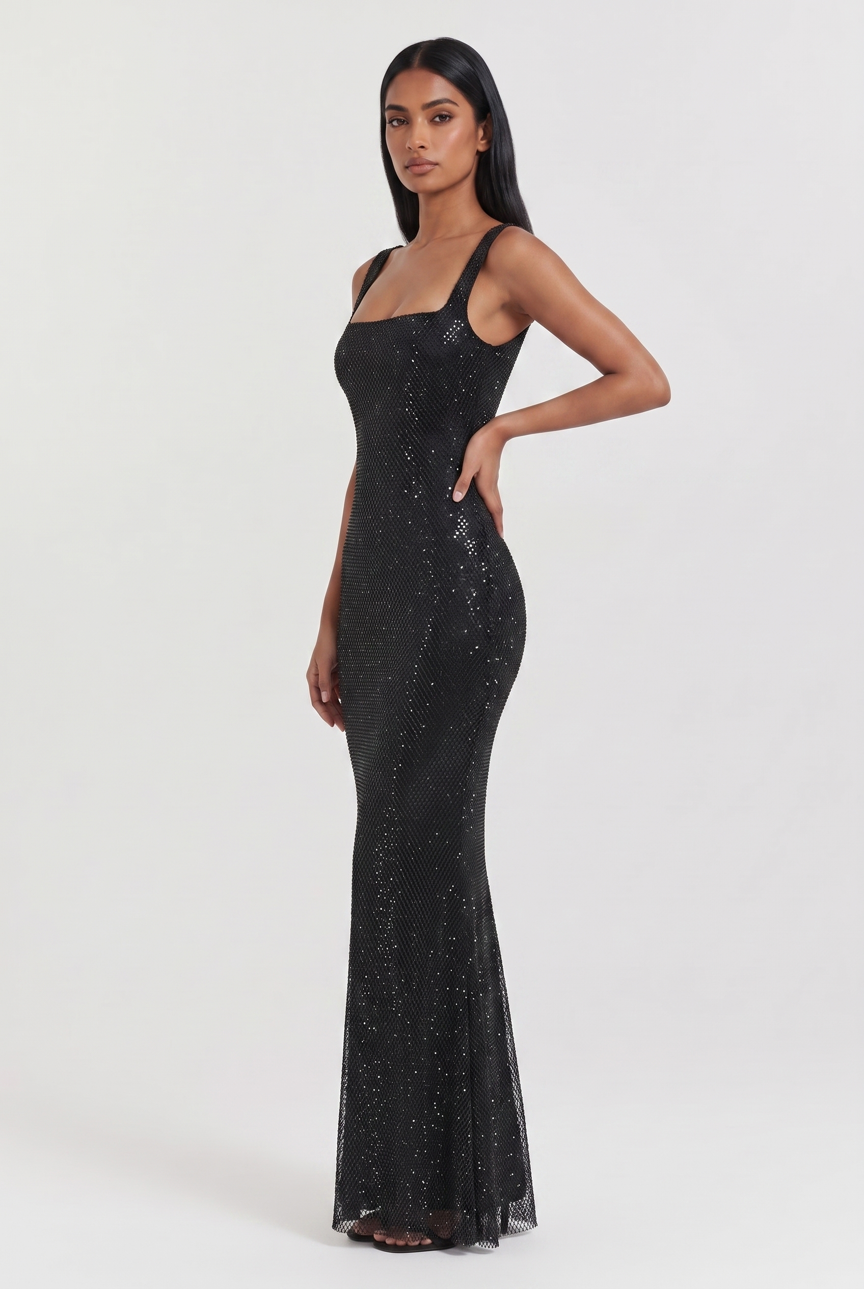 Black Rhinestone Mesh Maxi Dress with Low Back - Side View