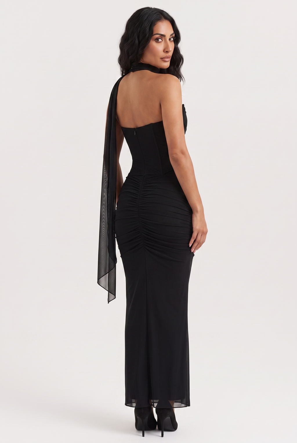 Black Ruched Mesh Corset & Skirt Set with Scarf - Back View