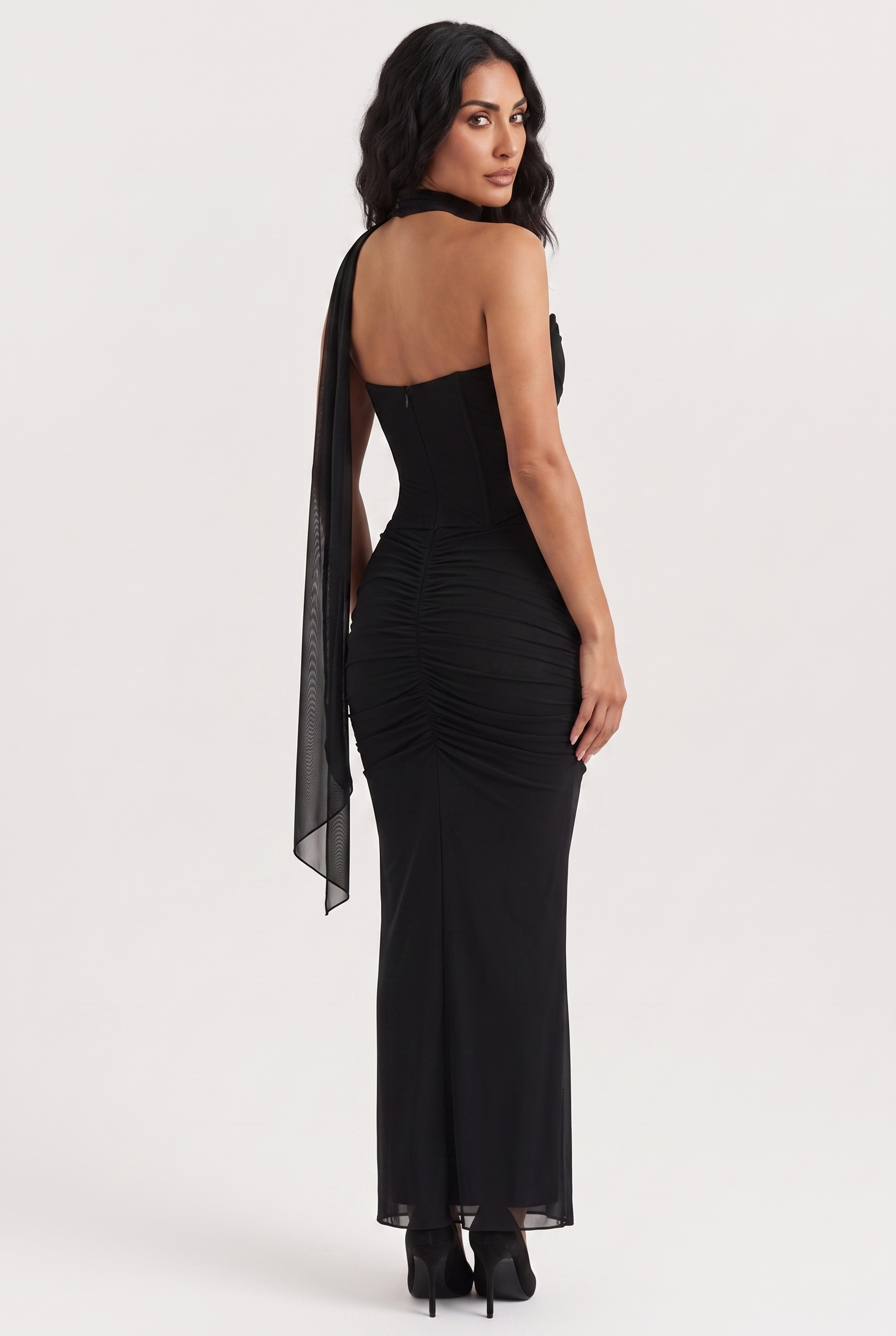 Black Ruched Mesh Corset & Skirt Set with Scarf - Back View