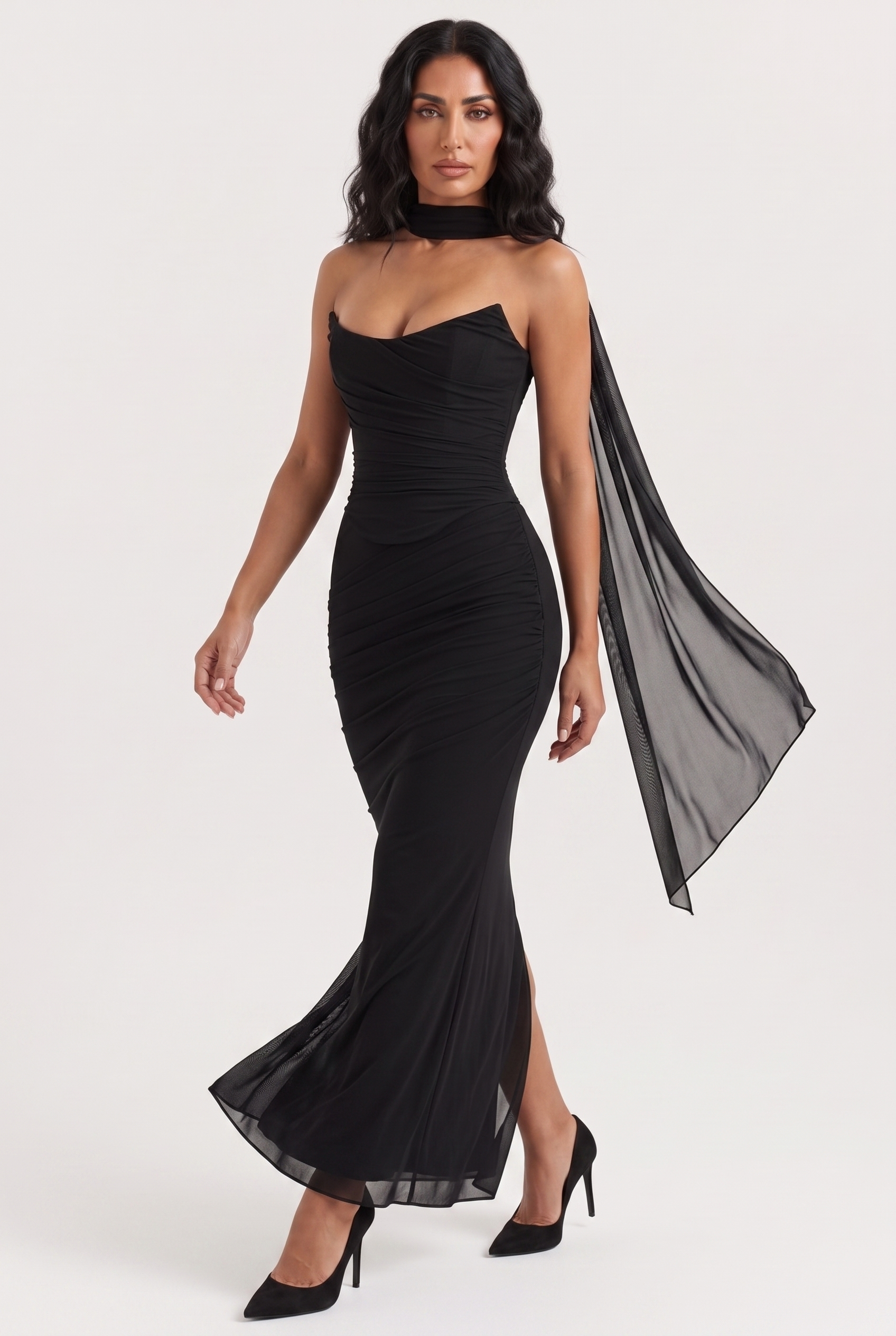 Black Ruched Mesh Corset & Skirt Set with Scarf - Front View