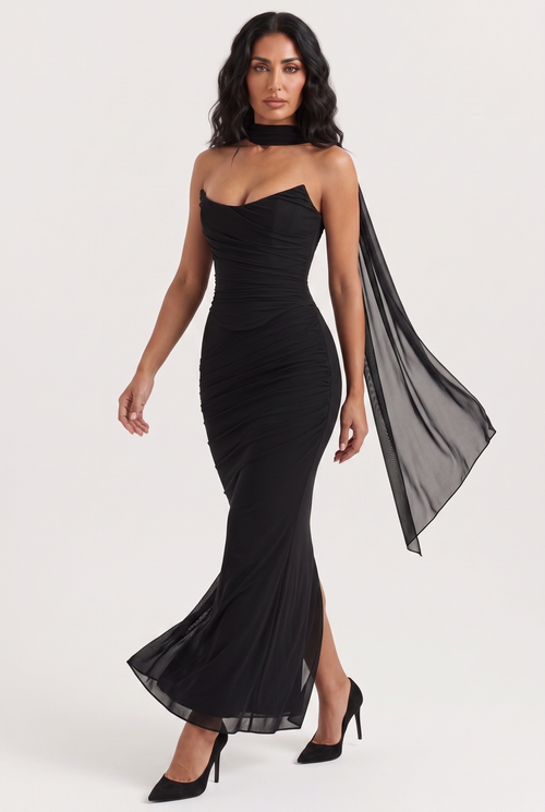 Black Ruched Mesh Corset & Skirt Set with Scarf - Front View