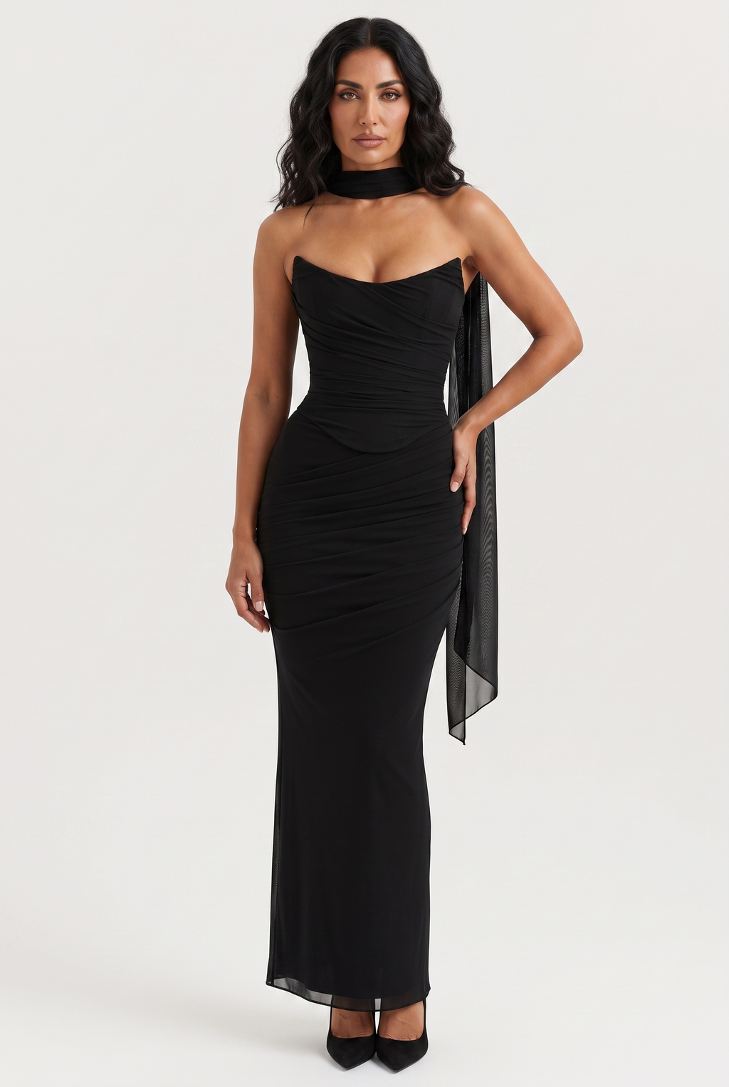 Black Ruched Mesh Corset & Skirt Set with Scarf - Front View