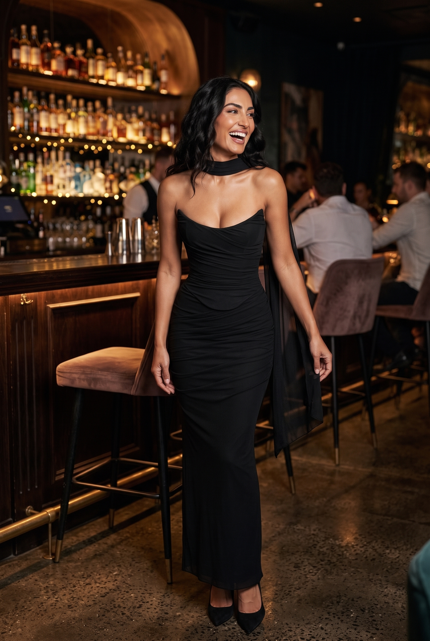 Black Ruched Mesh Corset & Skirt Set with Scarf - Lifestyle