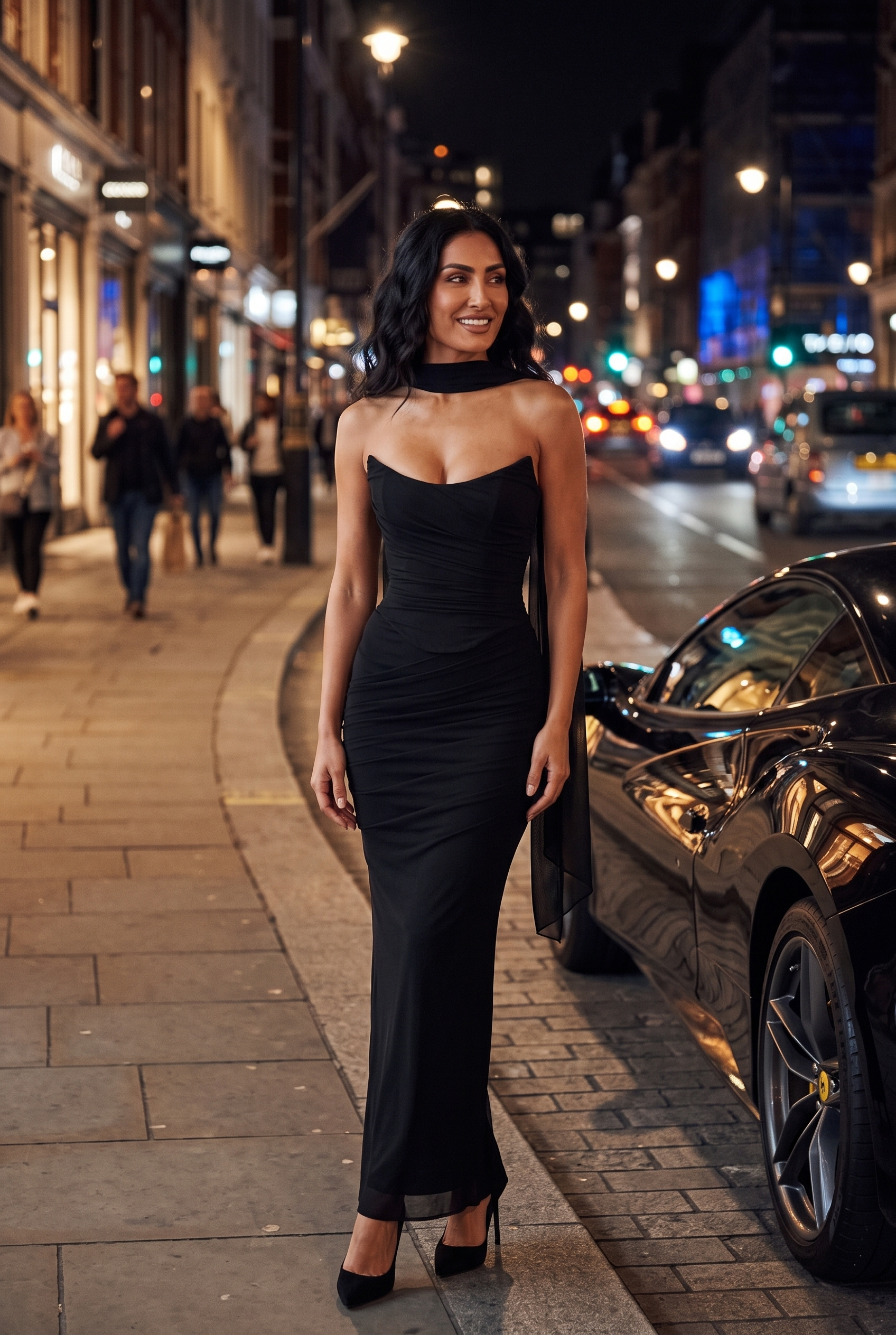 Black Ruched Mesh Corset & Skirt Set with Scarf - Lifestyle