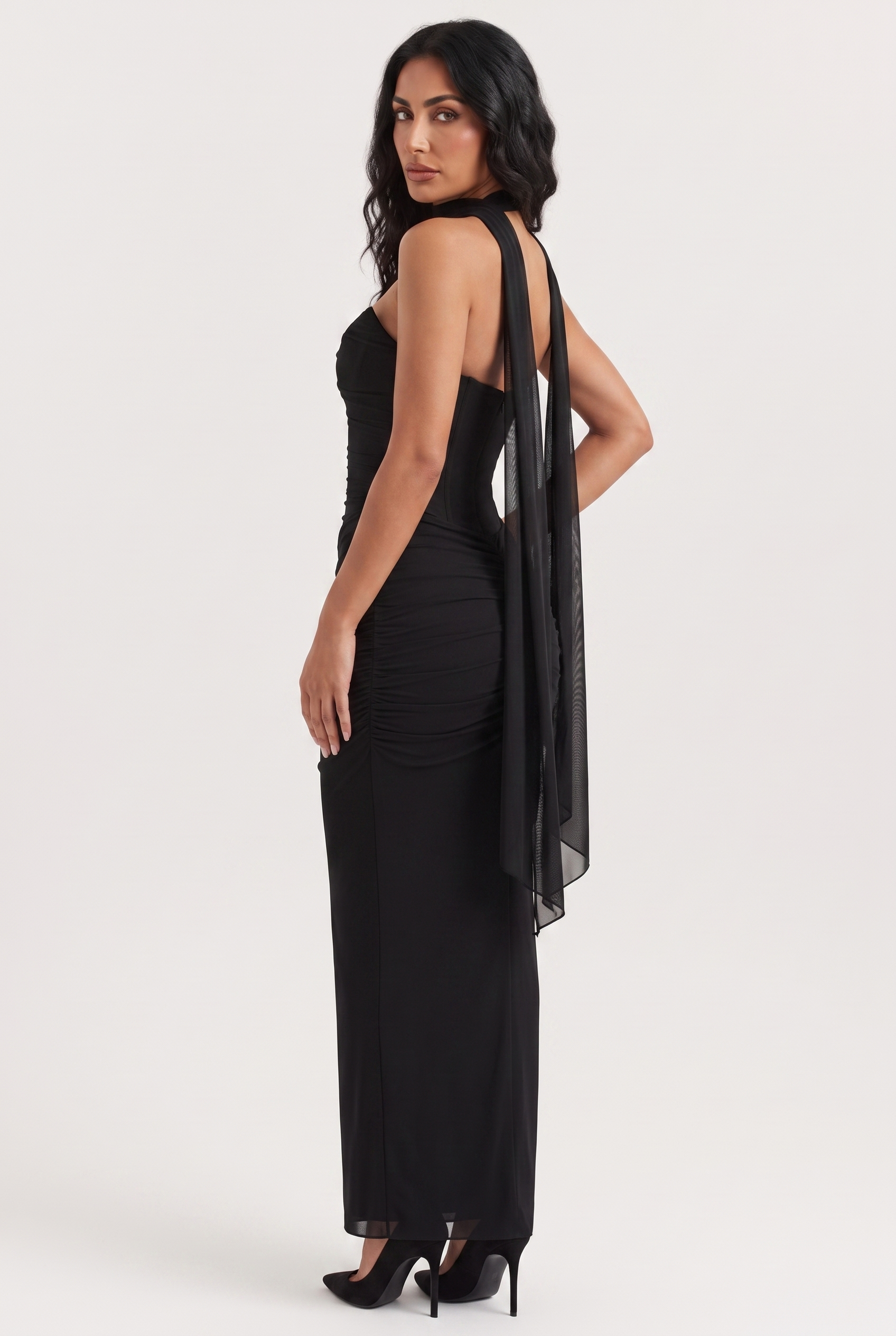 Black Ruched Mesh Corset & Skirt Set with Scarf - Side View
