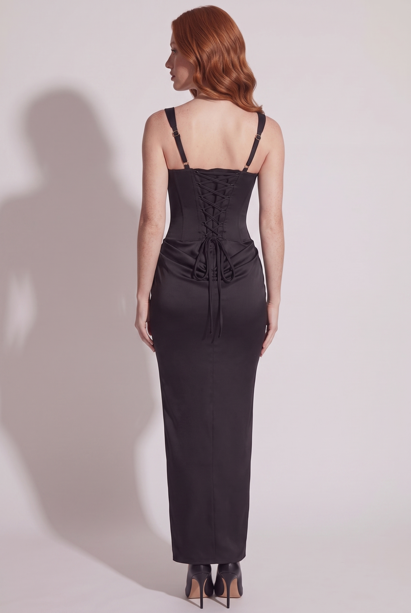 Black Satin Corset Column Maxi Dress with Lace-Up Back - Back View