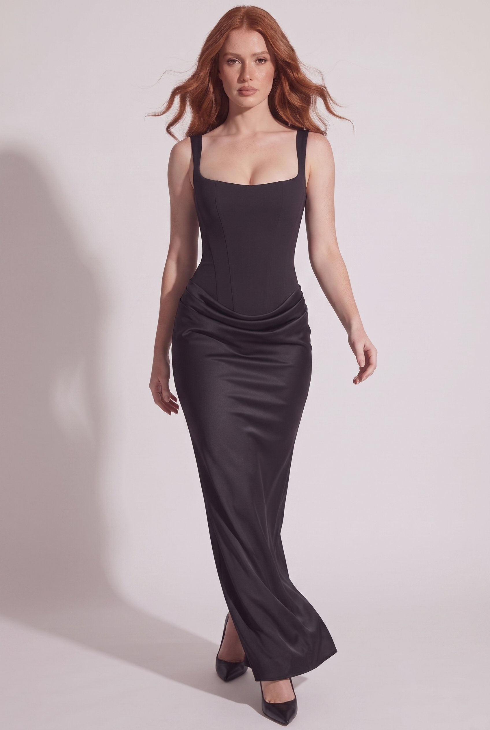 Black Satin Corset Column Maxi Dress with Lace-Up Back - Front View
