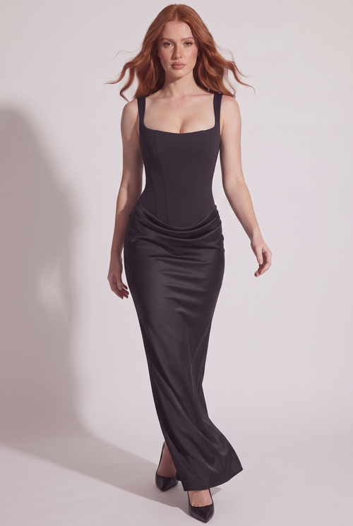 Black Satin Corset Column Maxi Dress with Lace-Up Back - Front View