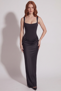 Black Satin Corset Column Maxi Dress with Lace-Up Back - Front View