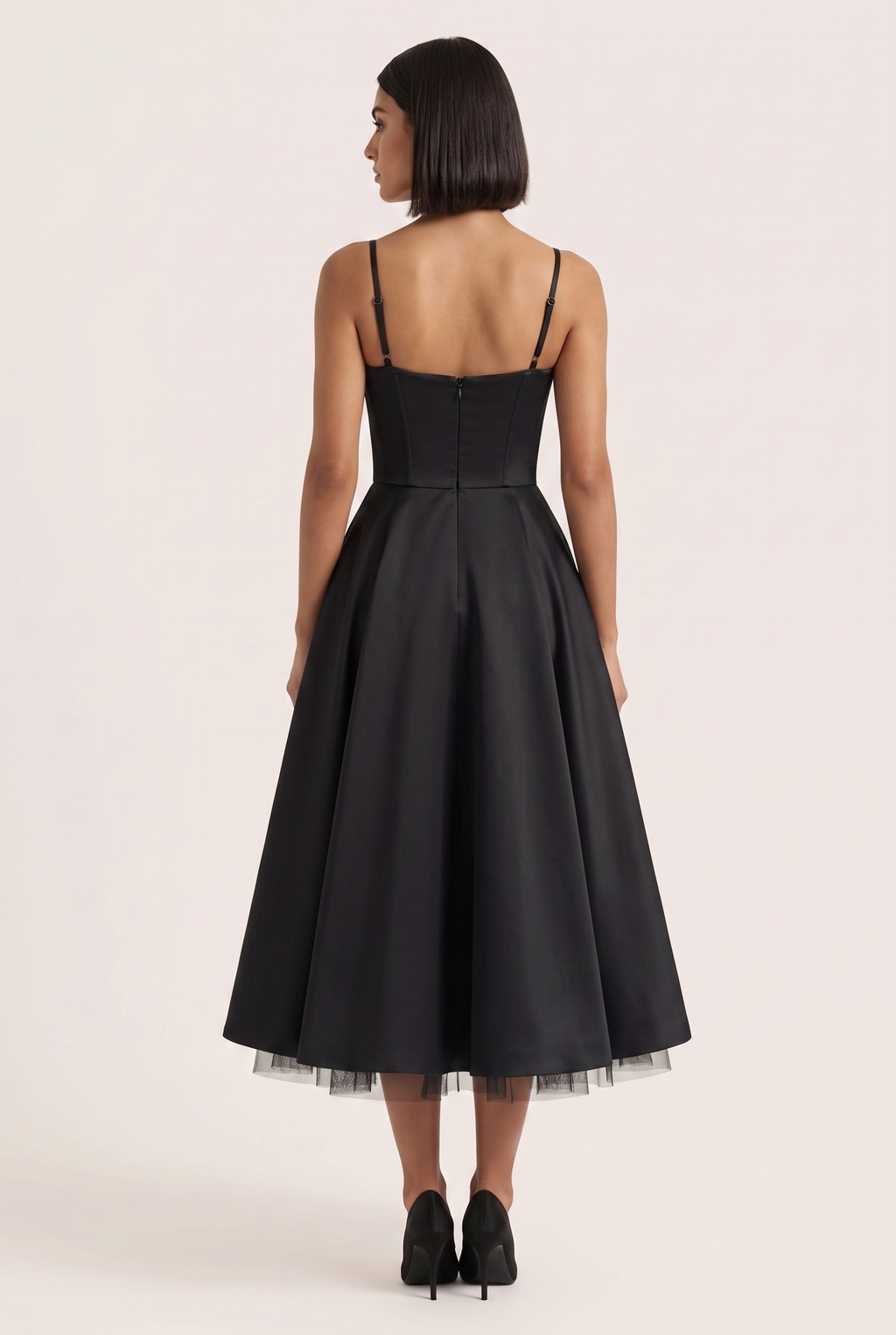 Black Satin Corset Midi Dress with Tulle Hem - Back View