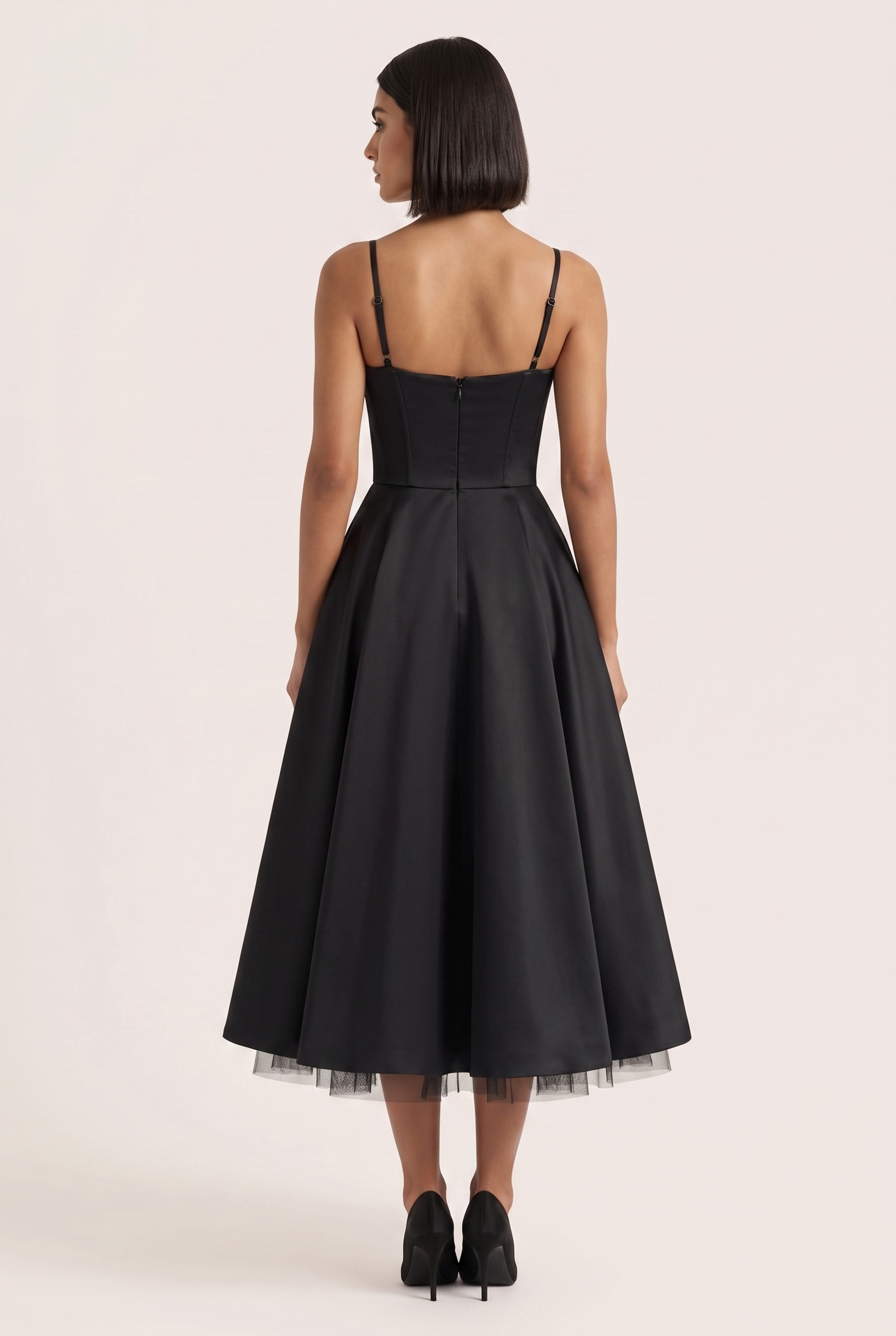 Black Satin Corset Midi Dress with Tulle Hem - Back View