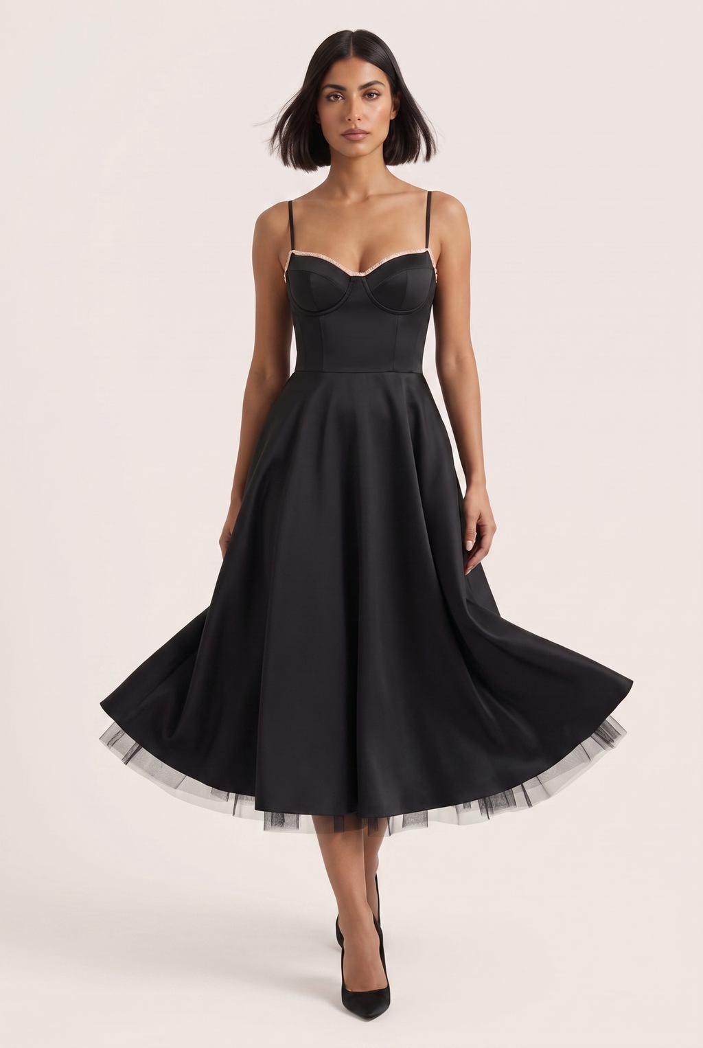 Black Satin Corset Midi Dress with Tulle Hem - Front View