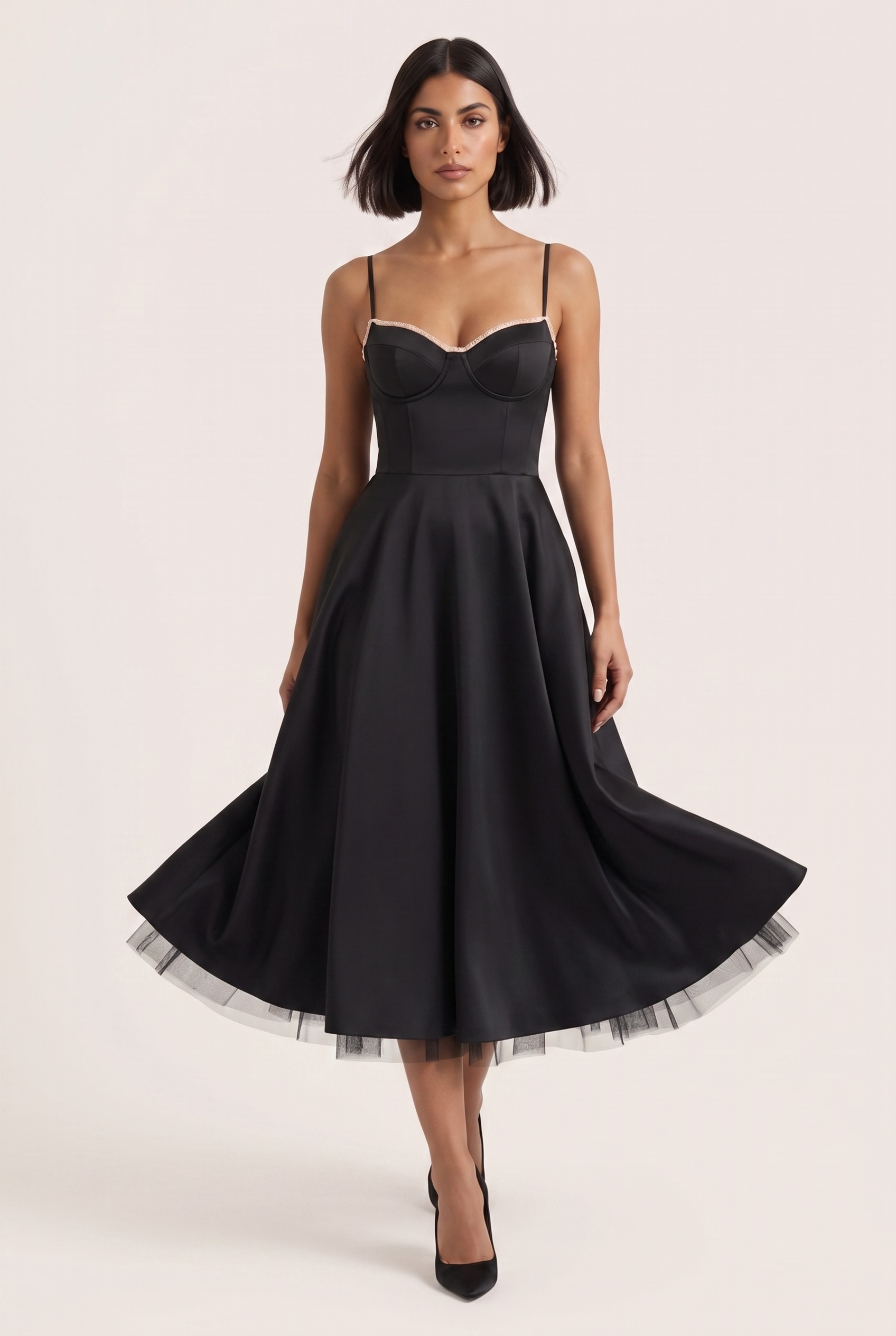 Black Satin Corset Midi Dress with Tulle Hem - Front View