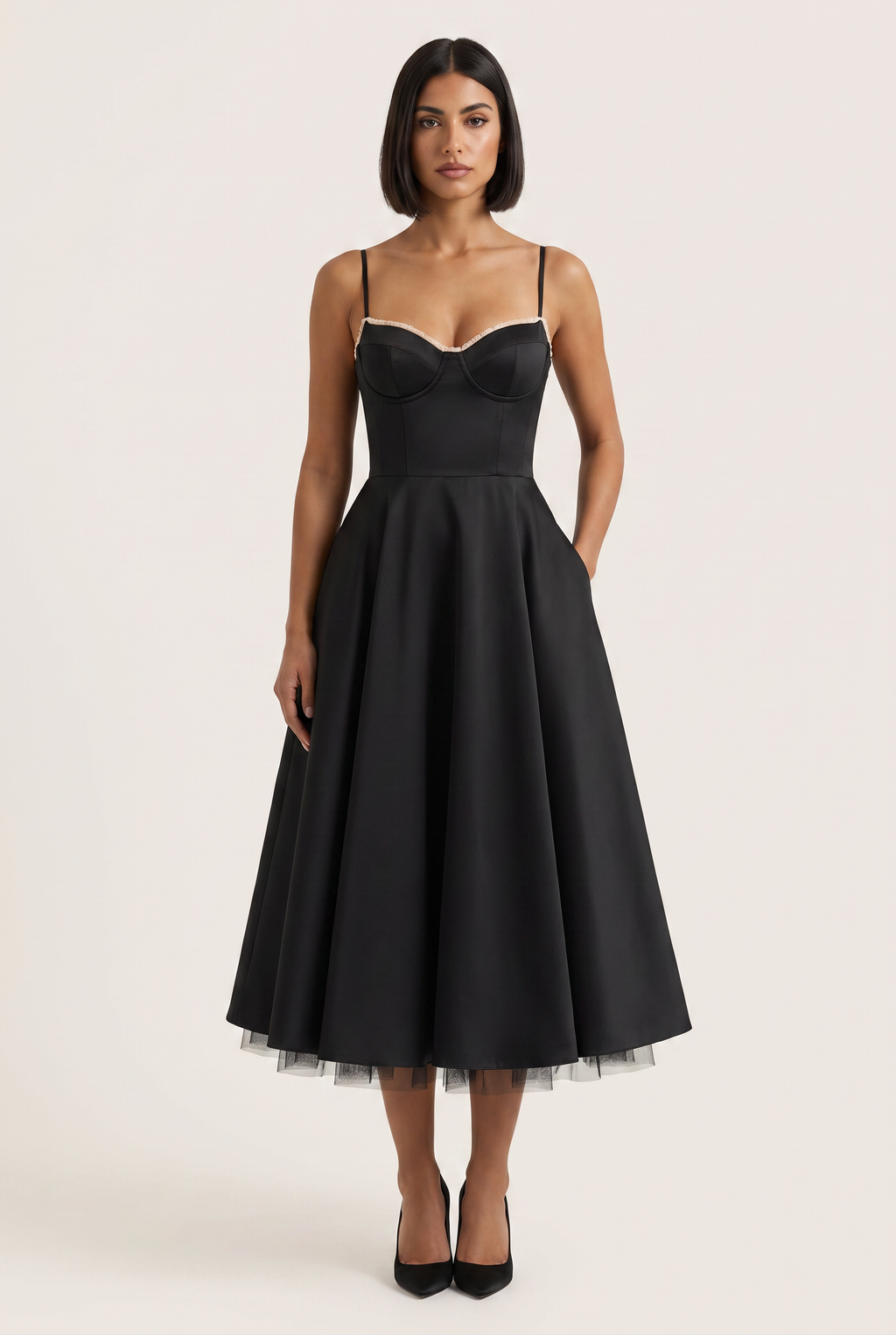 Black Satin Corset Midi Dress with Tulle Hem - Front View