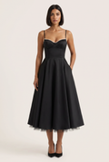 Black Satin Corset Midi Dress with Tulle Hem - Front View
