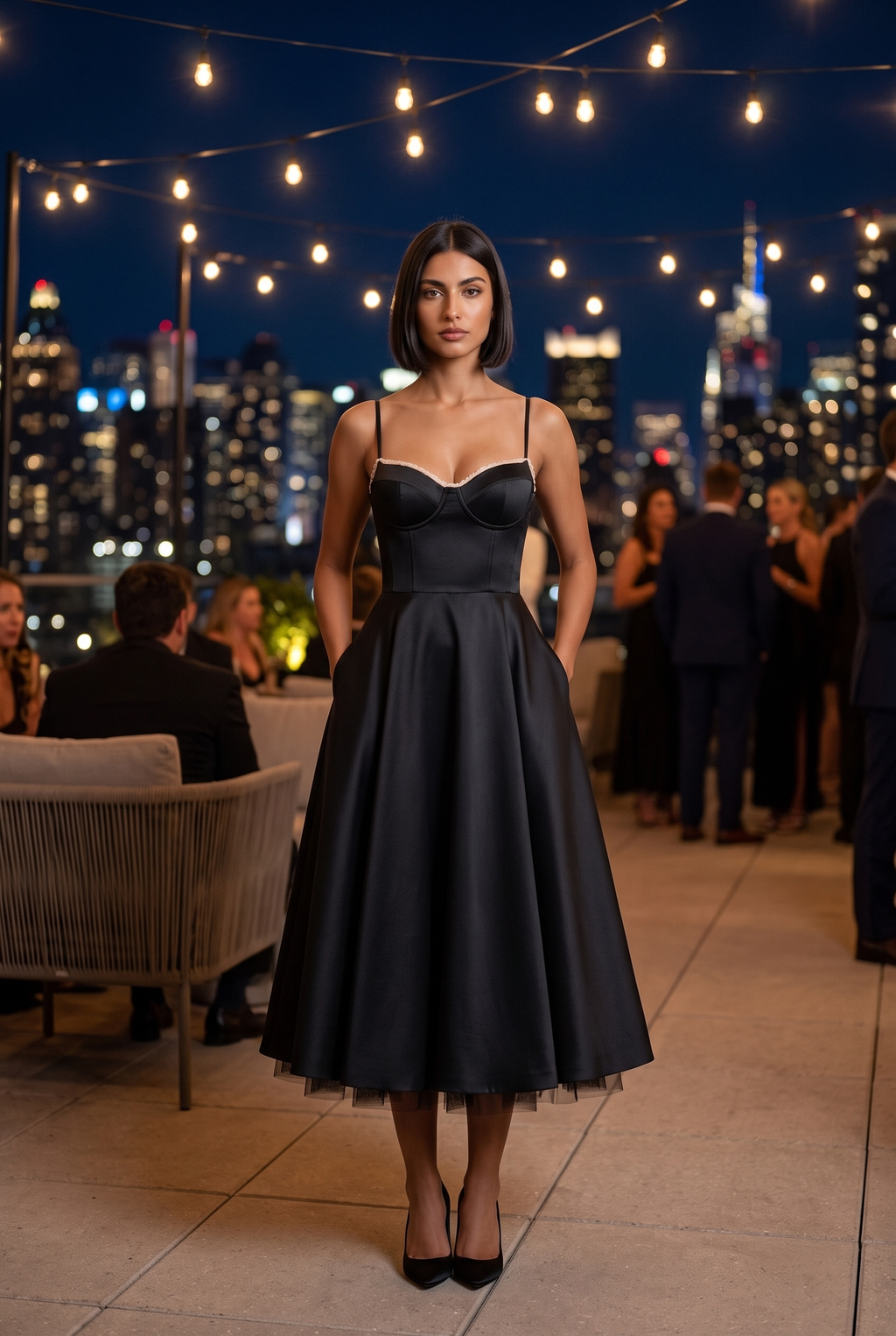 Black Satin Corset Midi Dress with Tulle Hem - Lifestyle