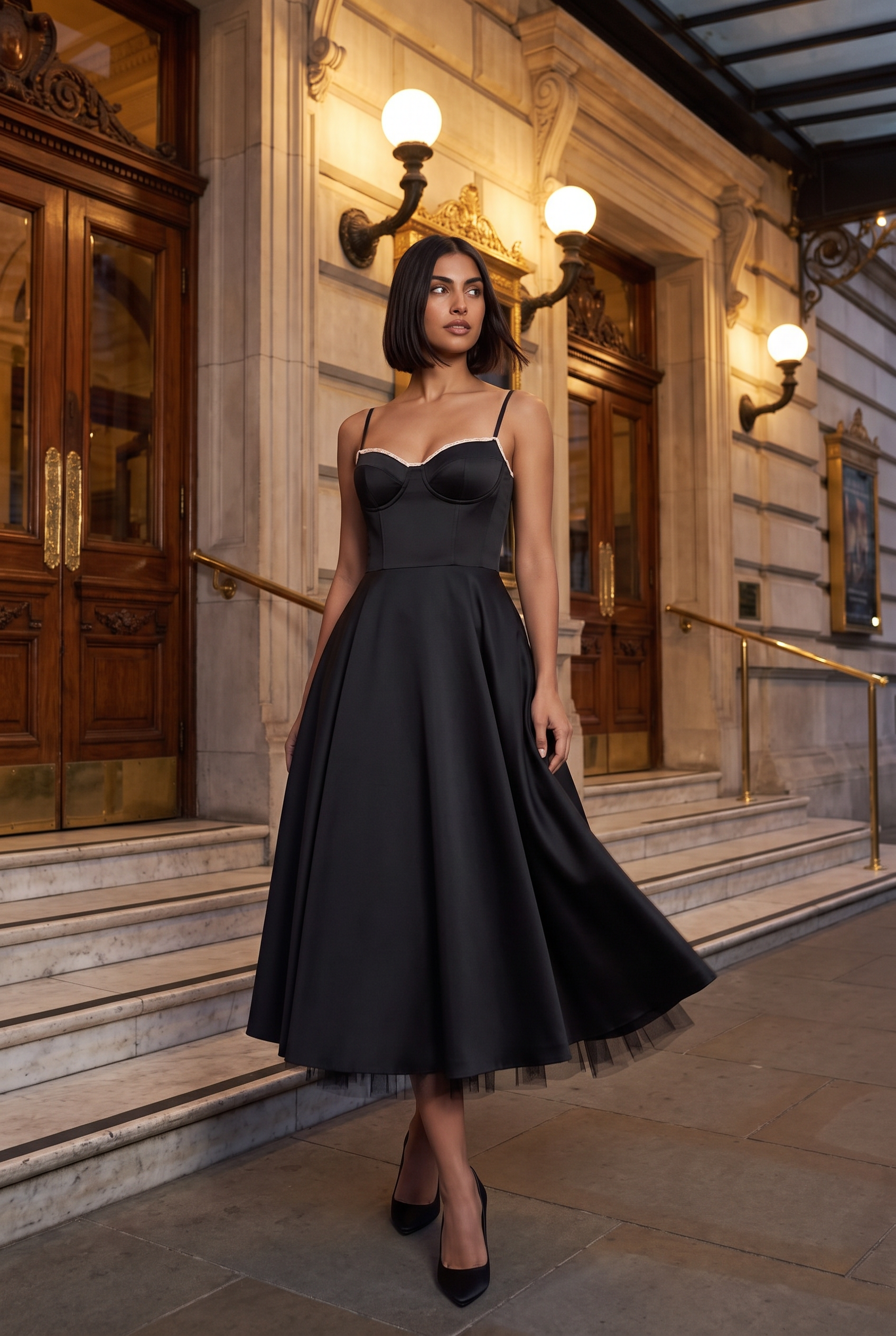 Black Satin Corset Midi Dress with Tulle Hem - Lifestyle