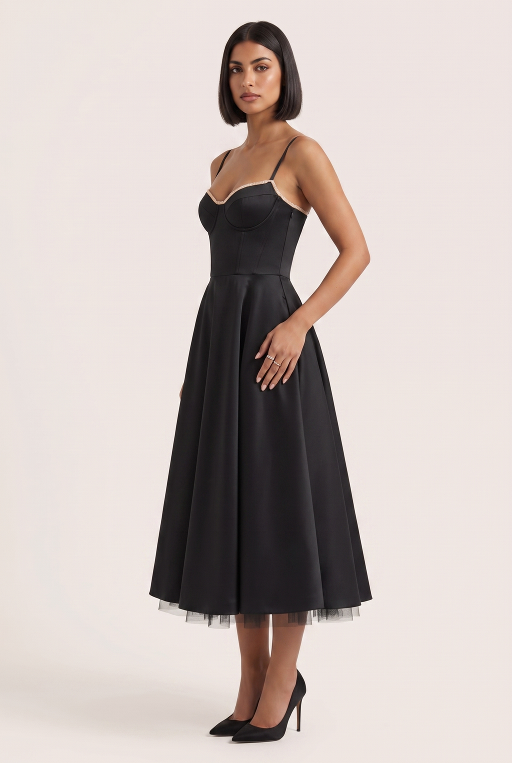 Black Satin Corset Midi Dress with Tulle Hem - Side View